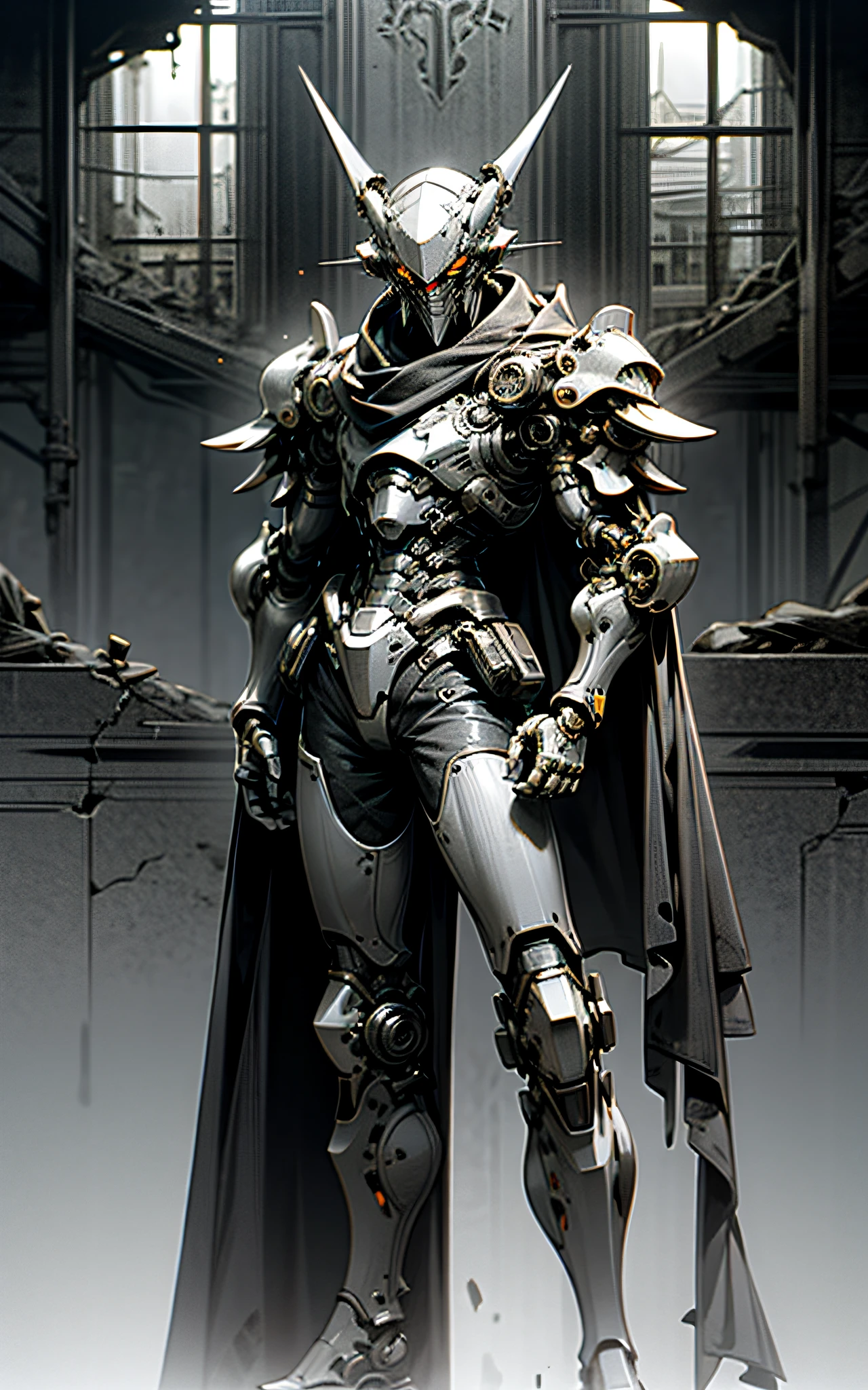 Dark Fantasy,Cyberpunk,Dark_Fantasy, White exoskeleton knight, post-apocalyptic world, ruined castle, Single horn, Wearing a cape, Monochrome.