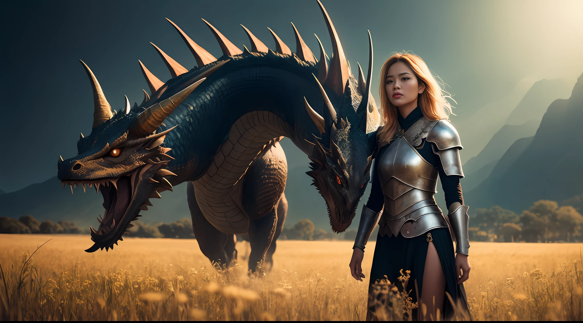 beautiful thai woman with blond hair, on a meadow, wearing armor, big dragon, photorealistic, photo, masterpiece, realistic, realism, photorealism, high contrast, photorealistic digital art trending on Artstation 8k HD realistic high definition detailed, detailed, skin texture, hyper detailed, realistic skin texture, best quality, ultra high resolution, (photorealistic: 1.4),, high resolution, detailed, raw photo, sharp re, by Lee Jeffries Nikon D850 film Stock Photography 4 Kodak Portra 400 camera F1.6 lens rich colors hyper realistic texture dramatic lighting Unrealengine trend in ArtStation Cinestill 800,