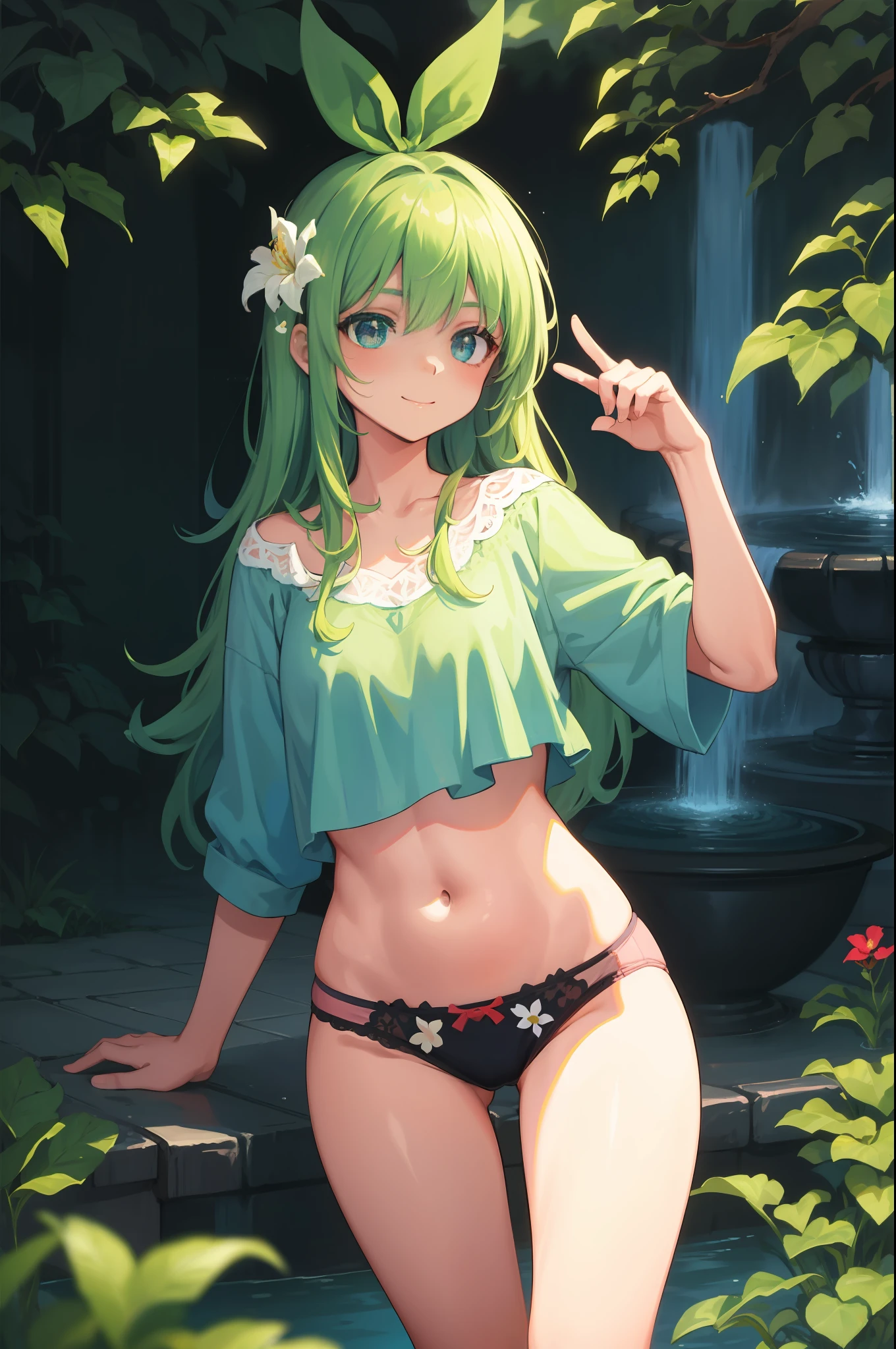 Masterpeace, BestQuality, 1 женщина, 28 лет, (floral panties), auto, Bright colors, volume lighting, best shadows, Shallow Depth of Field, (Top quality, amazing details: 1,25), Brilliant Colorful Paintings, nature, fountain, fancy, magic, flicker, Glare, neon garland, 8k