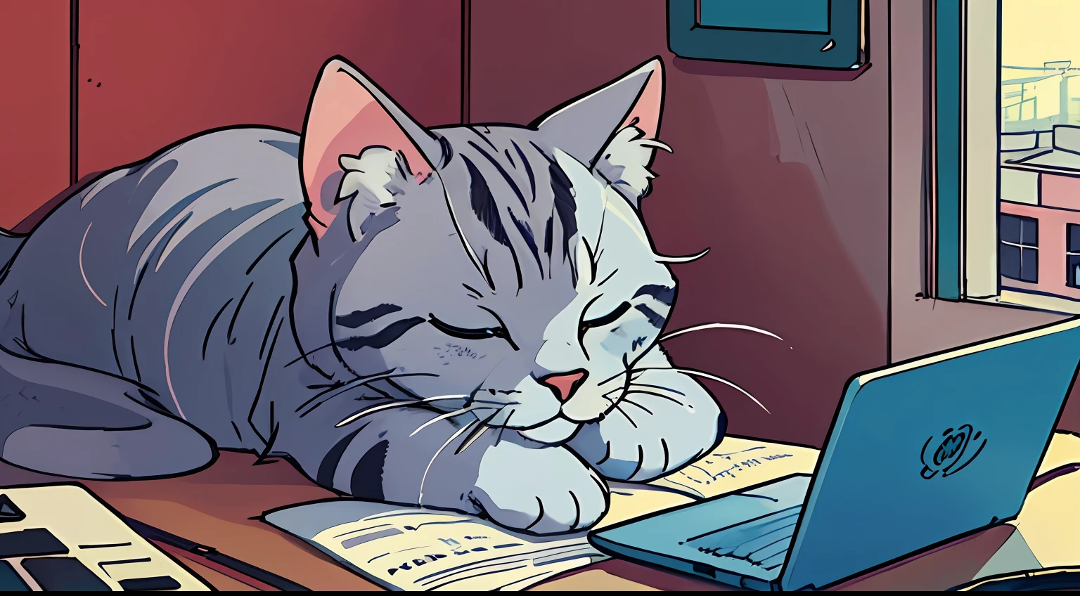 Retro Music Albums、The aesthetics of the lofi、A cat with long gray fur is sleeping happily、laptop、90年代のアニメスタイル、Vintage art style、