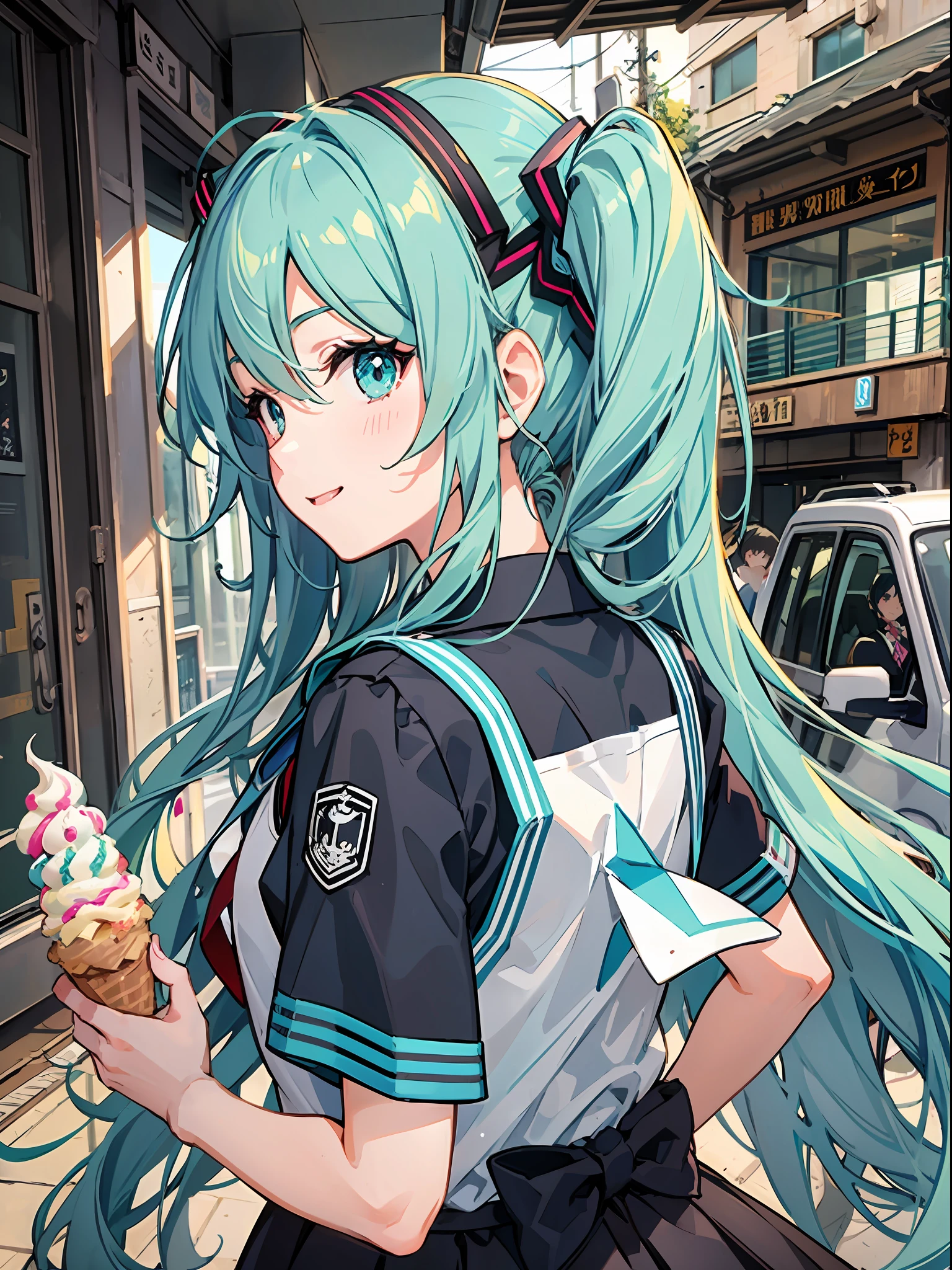 hatsuneMiku、uniform,、On the way back、slope、profile、Sorrisos、sailor outfit、ice cream,、Look Back、