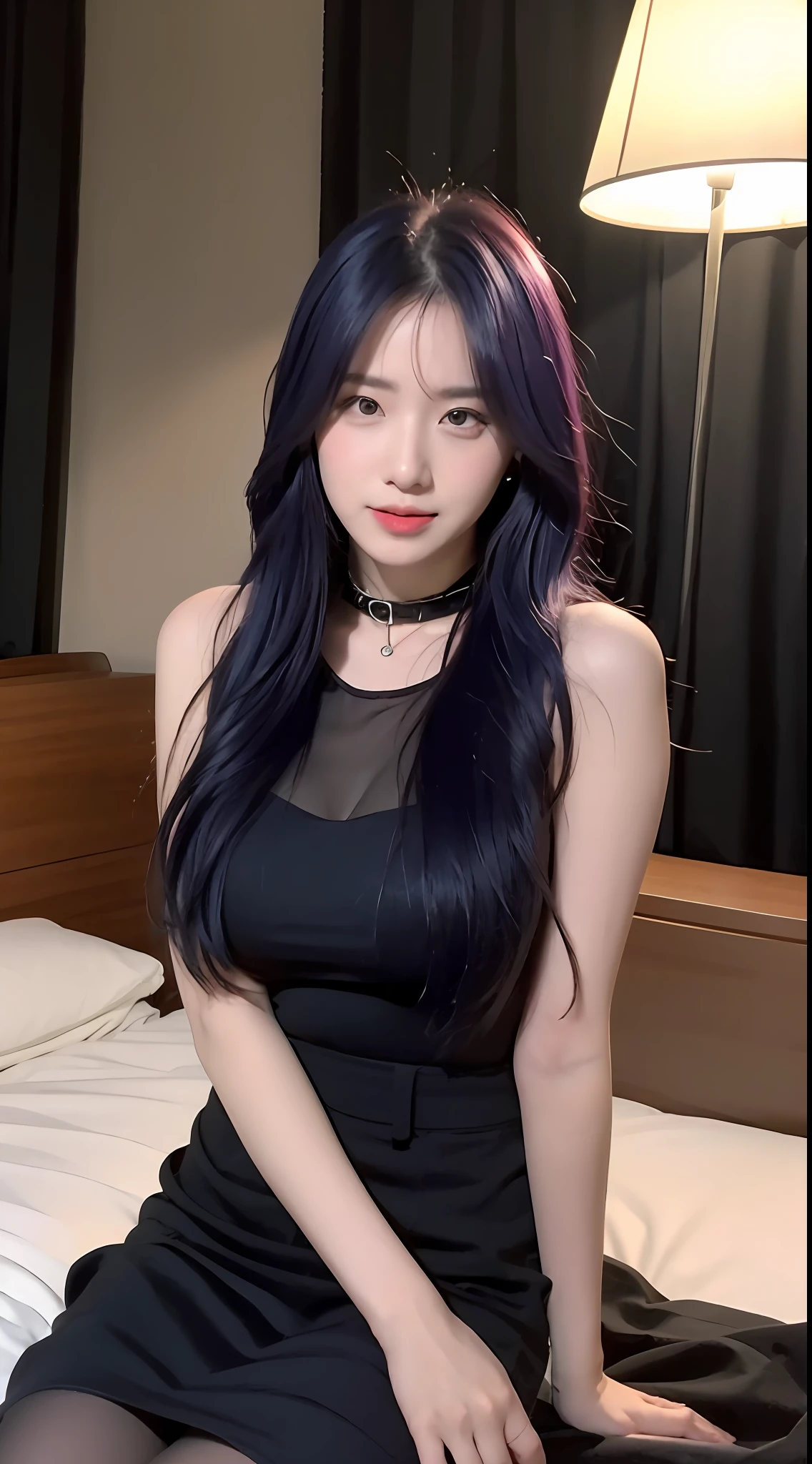 Two cute Korean singer girls，Take photos at night，The background is the hotel，Two girls sitting on the bed，SPREAD LEGS，Wear a black tight skirt，Black Dress，Black hip skirt，Cute real girl with big breasts，Dew，Blue hair and pink hair，erogenous，Realistic Korean girl，female student，cute schoolgirl，looking at the viewers，collar，