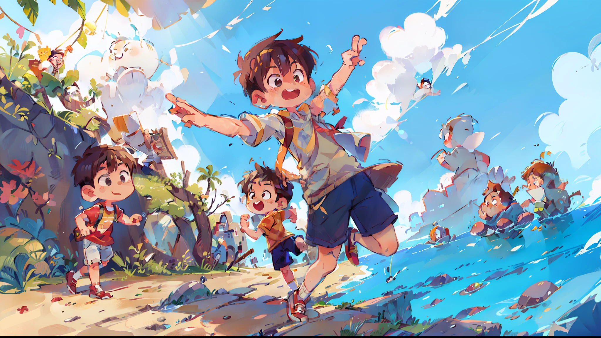 Two handsome boys sunny positive energy boys, an Asian boy, a European boy, chibi proportions, stylish shoes, full body, seaside running and jumping action, background with sun, sand, sea, blender, candy color, fashion trend, super details