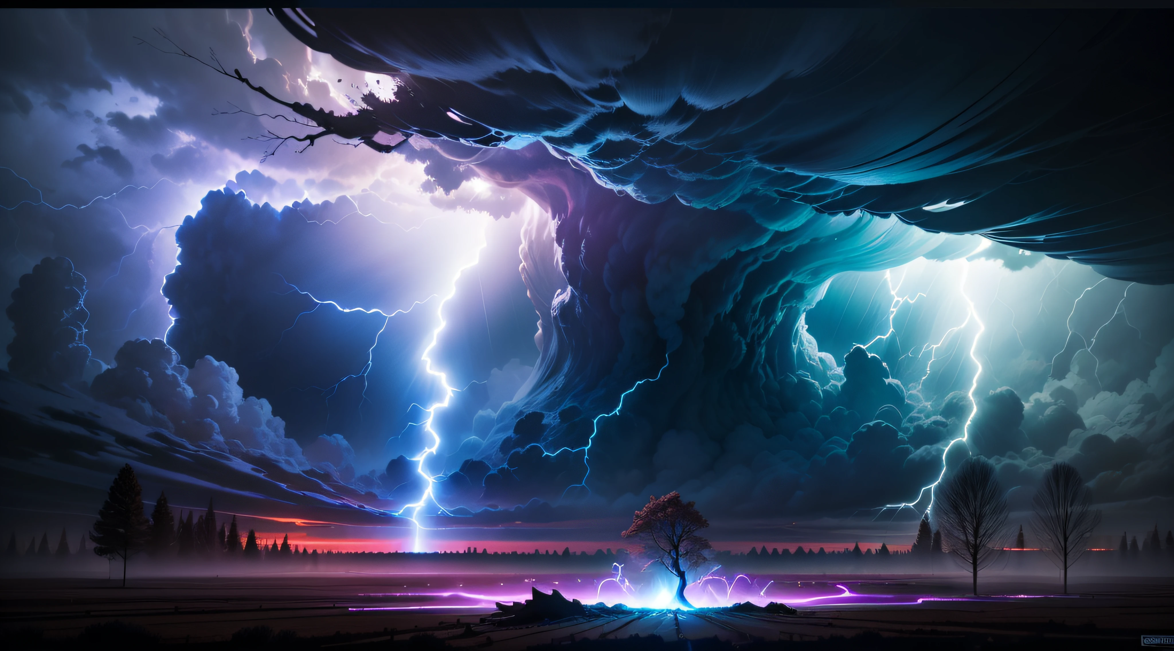(Award Winning Photo:1.3) of a (colossal tornado:1.3), a (swirling tornado:1.3) infused with (lightning within its core:1.2) in the distant landscape, (swirling electrical tornado:1.3), swirling clouds, (massive tornado:1.3), (uprooting trees:1.2), (Dust, debris, and leaves fill the air:1.2), (flashes of lightning crackle within the swirling tornado:1.3), (blue otherworldly glow:1.3), (tornado's electric bolts striking the ground:1.2), realistic, photorealism, high contrast, photorealistic digital art trending on Artstation, 8k HD high definition detailed, photorealistic, realism, god rays, ray tracing, god rays, ray tracing, overexposure, Gothic art, Realism, Futurism, Surrealism, god rays, ray tracing, masterpiece, UHD, UHD