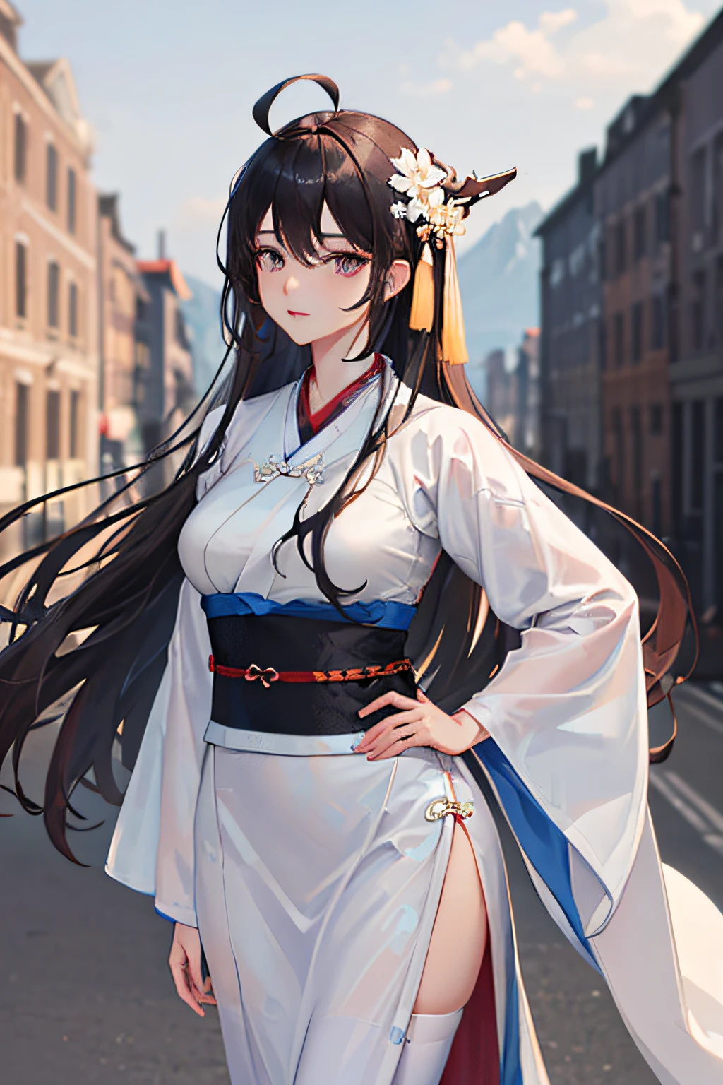 (masterpiece:1.5),(best quality:1.5),(ultra-detailed:1.5),illustration,cowboy shot,1girl,solo,(buildings),perfect face,lustrous skin,long hair,beautiful detailed eyes,beautiful flowing hair,(ru_qun:1.5),(hanfu:1.5),chinese clothes, white dress,white thighhighs, (bloom),lighting, ray tracing,outdoors,  mountains, nature,hair ornament, hair ribbon,hand on hip,looking at viewer,ahoge,large breasts, (deep depth of field:1.5),hair ornament, forest,barefoot sandals