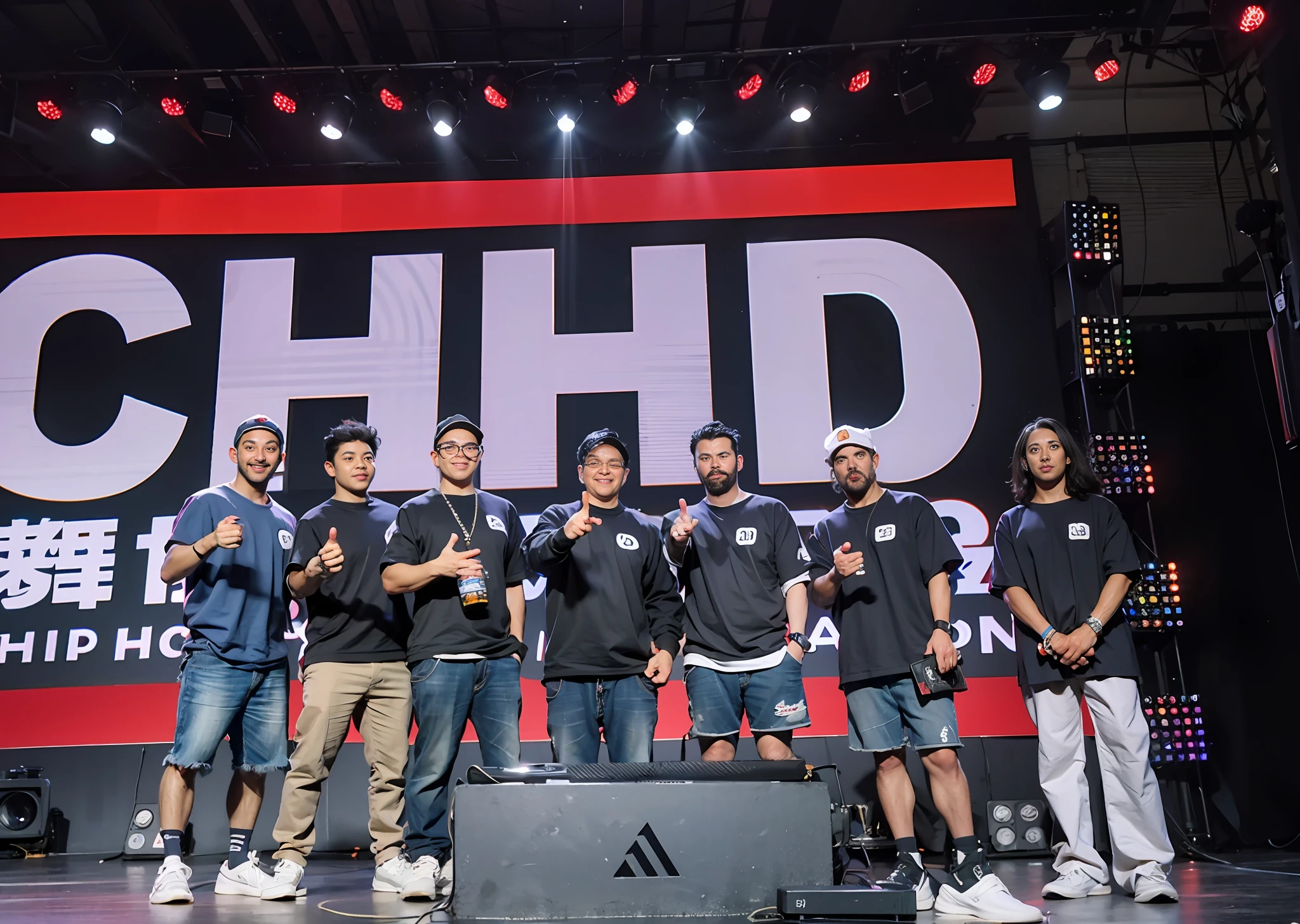 Several people stood on the stage,thumb up,There is a big screen behind him, huhd, h. ved. d, HDRP, 8 khdt, ved. h. d, huhd - 8 k, high detaild, <hdt, hdt 4d, high definition detail, high detaild, hgh, highly detaild, 3 2 k huhd