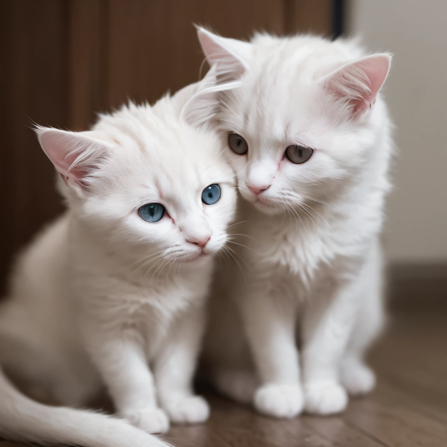 Two white long-haired cat cubs，Melancholic temperament:1.5，Clear eyes，8K，Tindal Effect，closeup shot