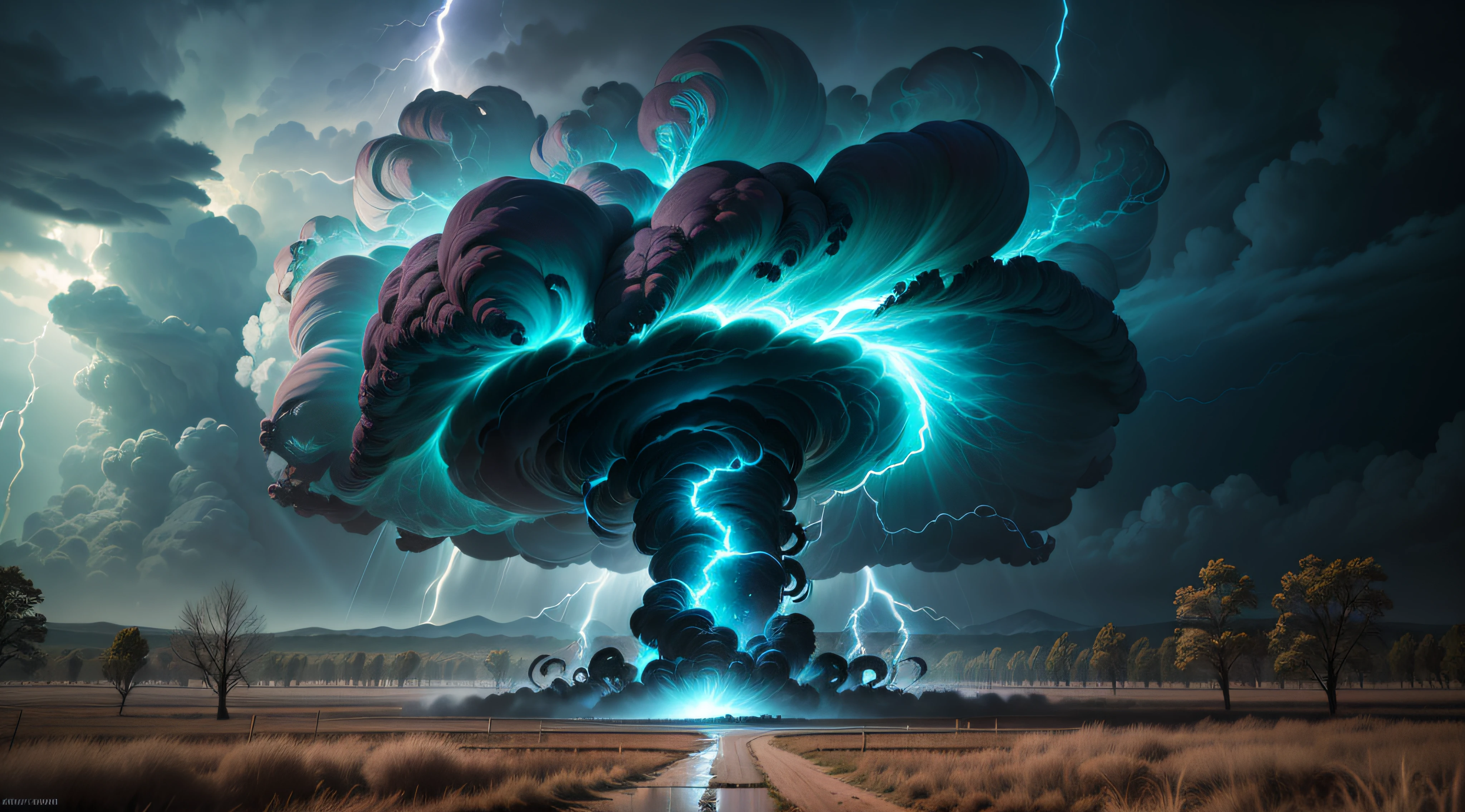 (Award Winning Photo:1.3) of a (colossal tornado:1.3), a (swirling tornado:1.3) infused with (lightning within its core:1.2) in the distant landscape, (swirling electrical tornado:1.3), swirling clouds, (massive tornado:1.3), (uprooting trees:1.2), (Dust, debris, and leaves fill the air:1.2), (flashes of lightning crackle within the swirling tornado:1.3), (blue otherworldly glow:1.3), (tornado's electric bolts striking the ground:1.2), realistic, photorealism, high contrast, photorealistic digital art trending on Artstation, 8k HD high definition detailed, photorealistic, realism, god rays, ray tracing, god rays, ray tracing, overexposure, Gothic art, Realism, Futurism, Surrealism, god rays, ray tracing, masterpiece, UHD, UHD