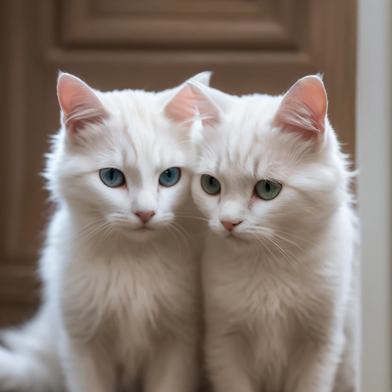 Two white long-haired cat cubs,Melancholic temperament:1.5,Clear eyes,8K,Tindal Effect,closeup shot