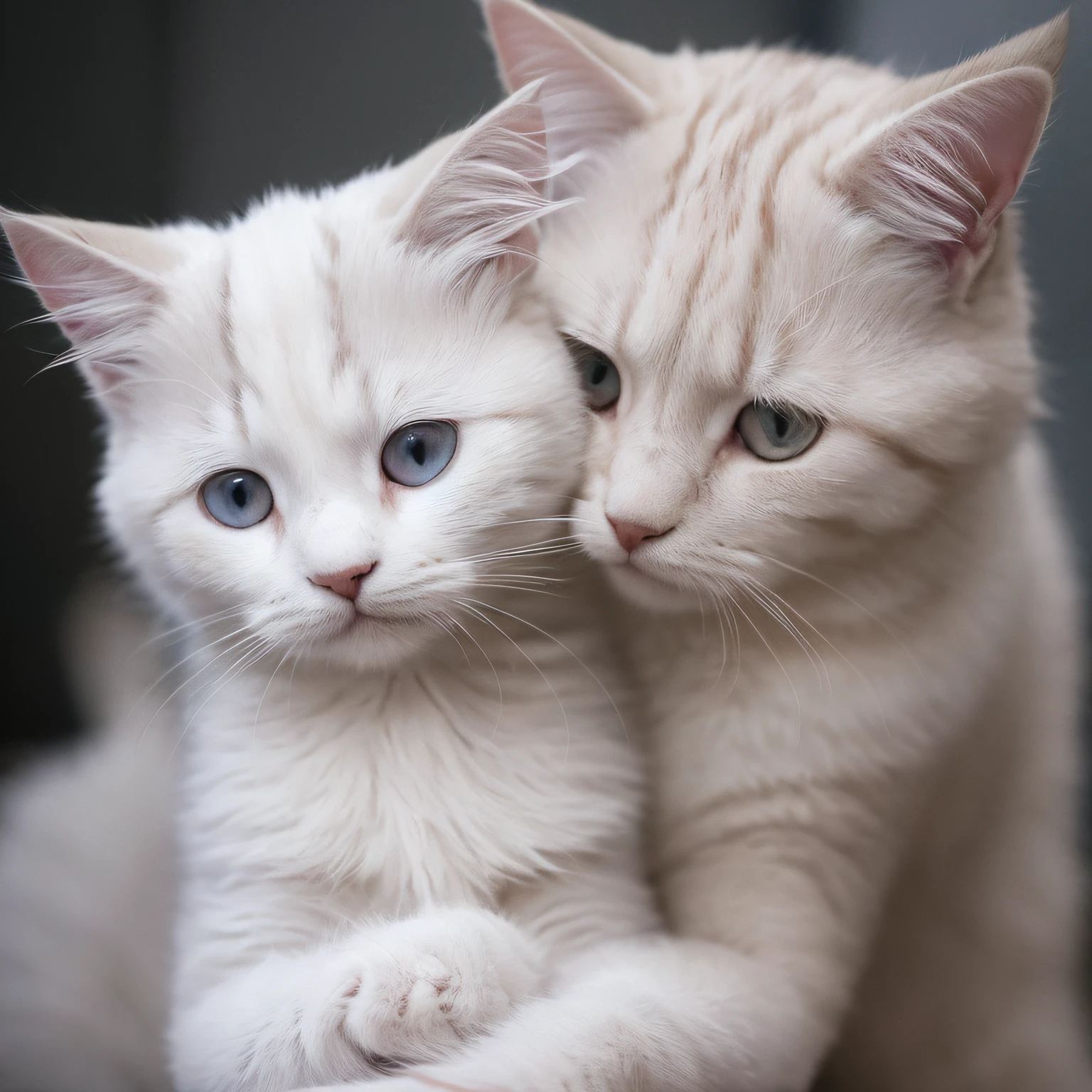Two white long-haired cat cubs，Melancholic temperament:1.5，Clear eyes，8K，Tindal Effect，closeup shot