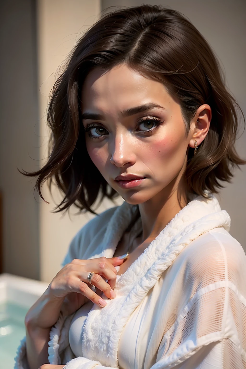 (((Tamara Taylor sitzt in einem Badezimmer, in a large bathrobe made of silk))), (It is very large, Schlanke Frau), ((Ihre Haare sind kurz glatt und schwarz)), ((She wears the bob-Frisur)), (small round breasts), (big brown eyes), ((kleiner Kopf)), (fotorealistisch:1.2), (best qualit), (komplizierte Details), 8K, (Hohes Polyester), (Raytracing), (Kinobeleuchtung), (Sharp focus), (detailliertes Gesicht:1.3), natural and realistic skin textures, sanftes Gesicht