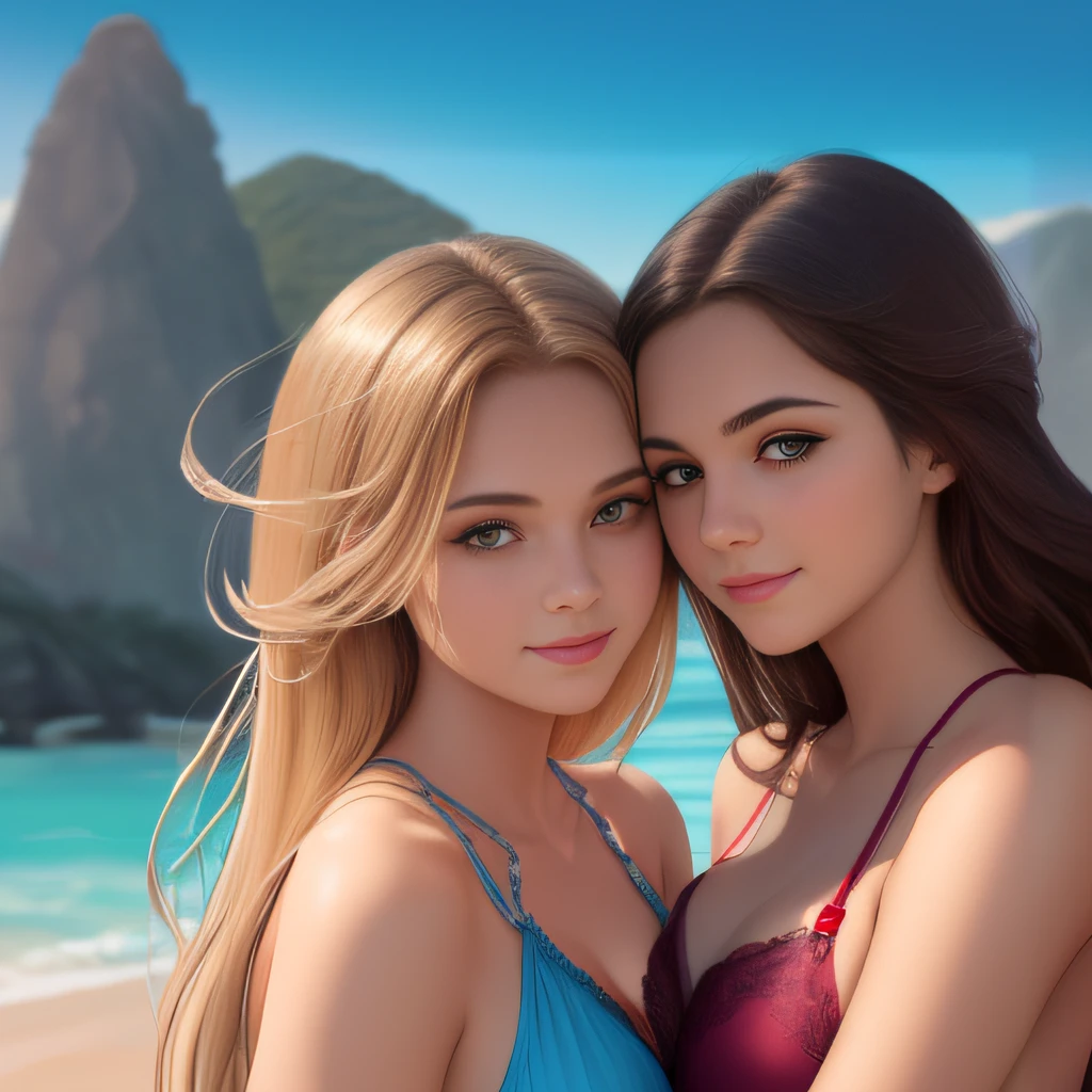 ビーチで写真を撮る水着を着た2人の女性, wlop and andrei riabovitchev, beautiful gemini twins portrait, wlop and ross tran, cgsociety portrait, deviantart artstation cgscosiety, wlop and sakimichan, wlop glossy skin, two beautiful anime girls, beautiful gemini twins
