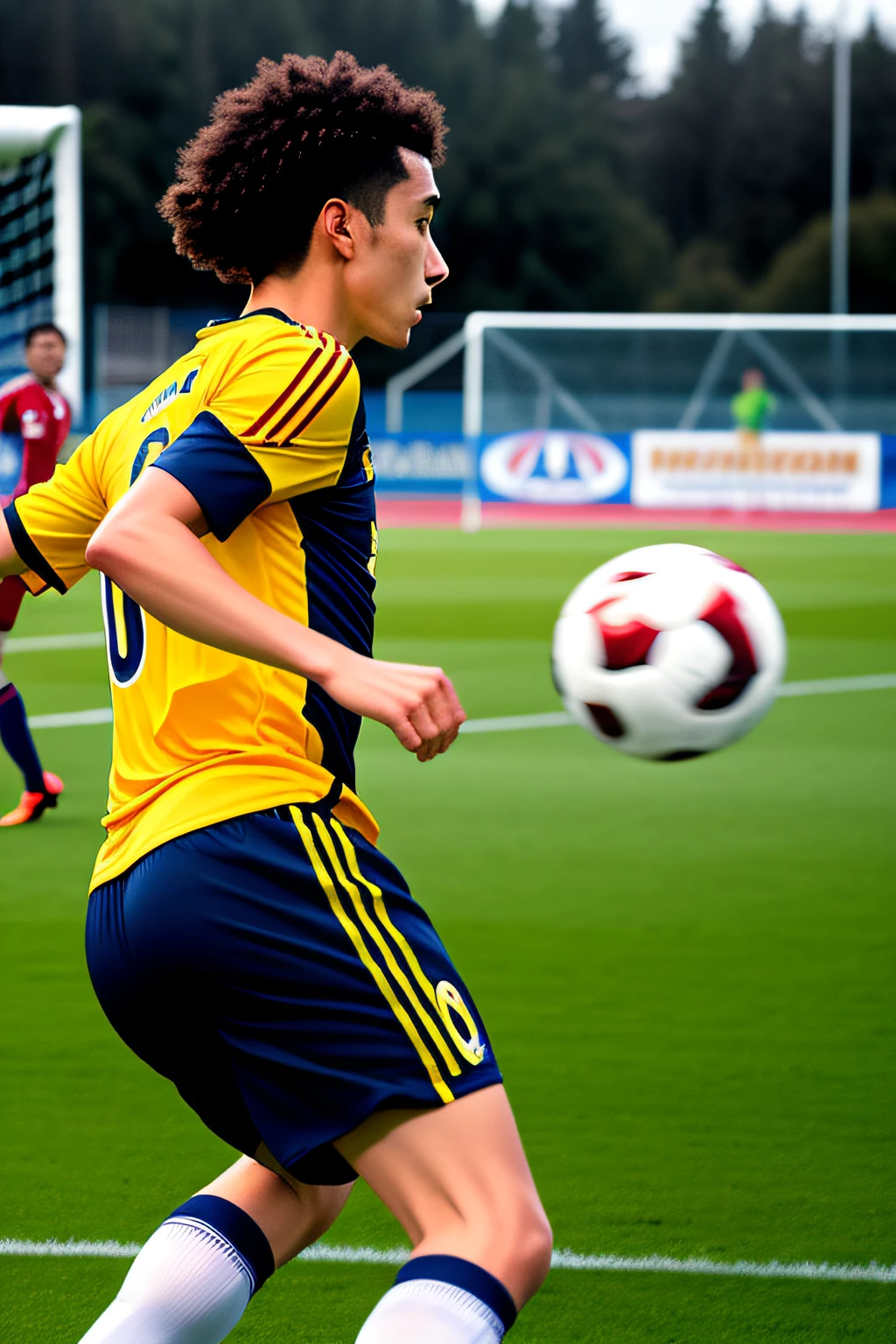 RAW photo, A soccer player in a checkered red and white uniform kicks a ball at the Mora soccer stadium in the evening