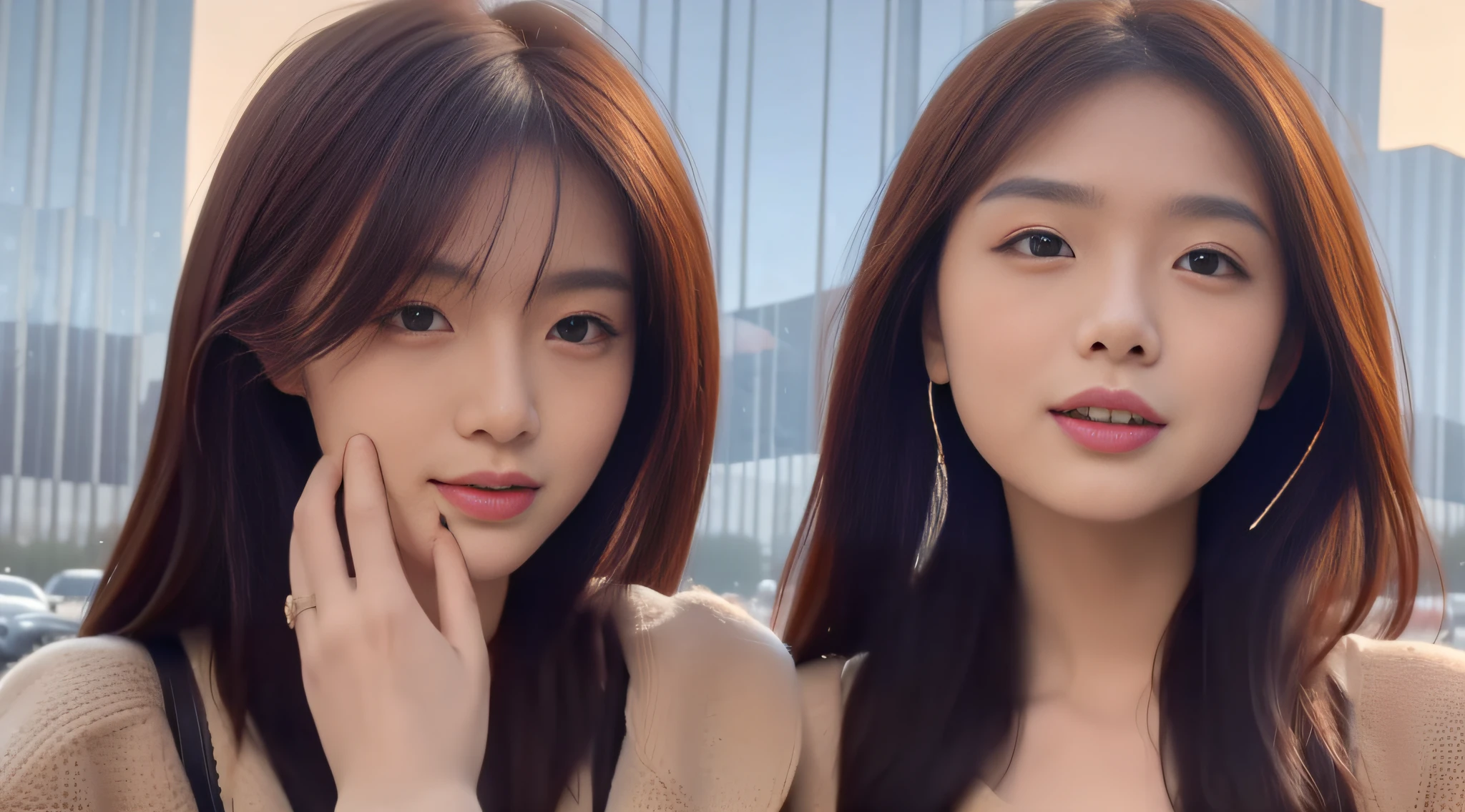 ((BestQuality,8k,master masterpiece:1.3)), 1女孩, Sorrisos, total body, slim face, Beautiful woman, (Dark Brown Hair), Full-length dress :1.1, Super detailed face, Detailed eyes, Double eyelidd, blur background, slim face, The city, Exterior, the street,Dress with high slit,Place your hands behind your back,The lip color is more vibrant,Face depictions are more detailed,Pantyhose black stockings