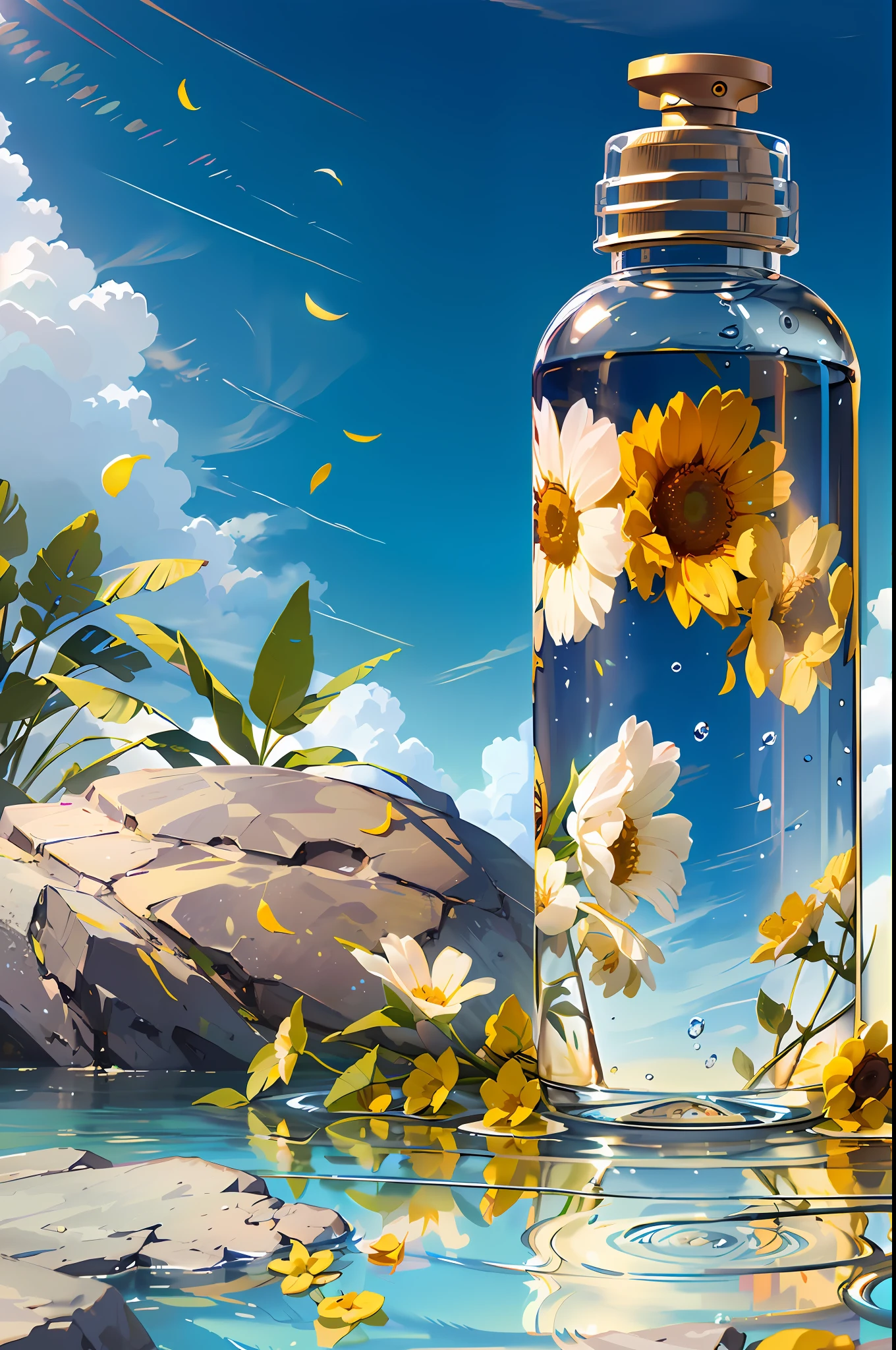 There is a bottle of water on the surface of the water,There are flowers inside, digital painting highly detailed, highly detailed digital painting, detailed painting 4 k, anime art wallpaper 4 k, anime art wallpaper 4k, anime art wallpaper 8 k, very detailed digital painting, beautiful digital painting, Beautiful Artwork Illustration, beautiful digital artworks, beautiful art uhd 4 k, highly detailed illustration