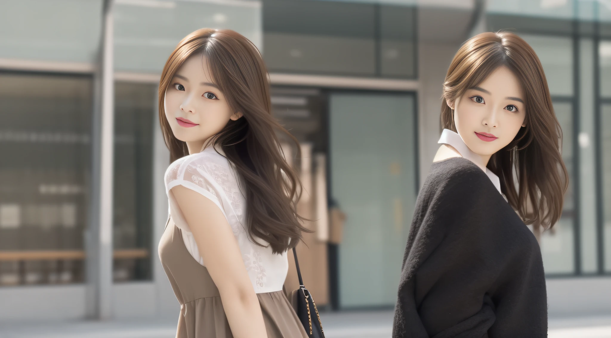 （（BestQuality，8k，master masterpiece：1.3））， 1女孩， Sorrisos， total body， slim face， Beautiful woman， （Dark Brown Hair）， Full-length dress ：1.1， Super detailed face， Detailed eyes， Double eyelidd， blur background， slim face， The city， Exterior， the street，Dress with high slit，Place your hands behind your back，The lip color is more vibrant，Face depictions are more detailed，Pantyhose black stockings