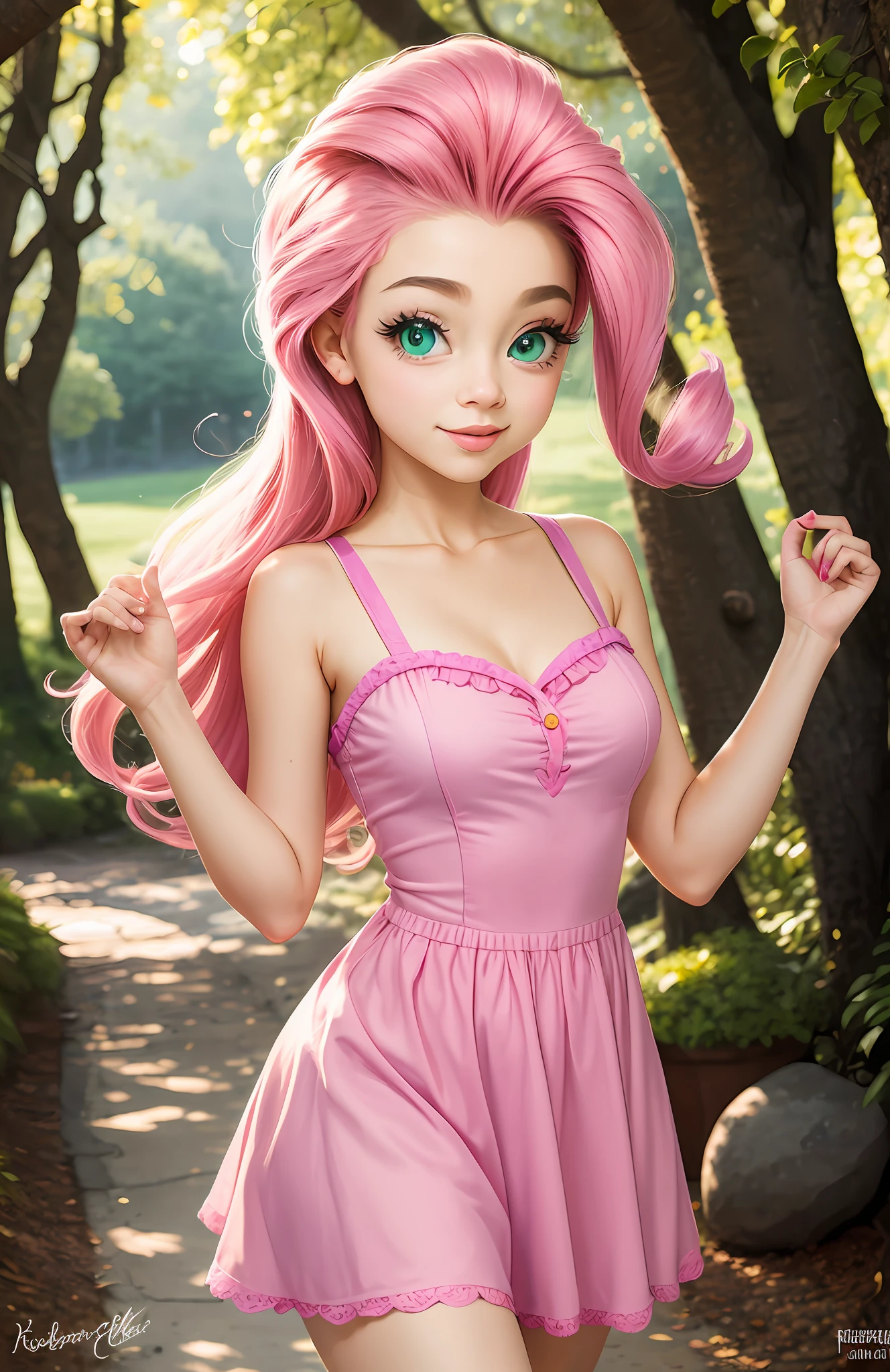 Fluttershy, equestria Girls Fluttershy,My little pony fluttershy,curvy, sexy mini dress, hiperrealista,chica rusa, cabello largo, cabello rosado, cuerpo caliente,old fluttershy,Nature,