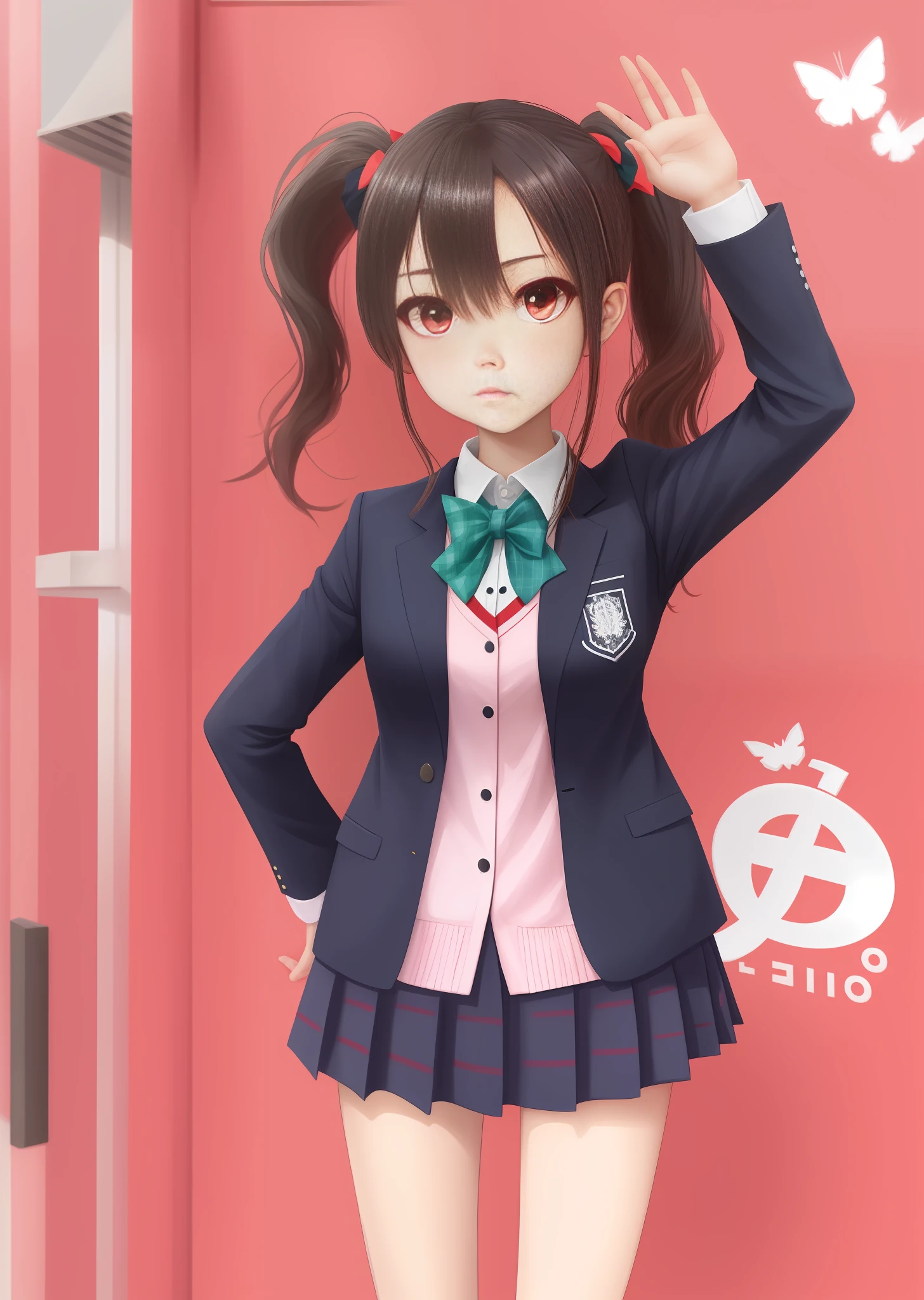 Double ponytail, red eyes, school uniform