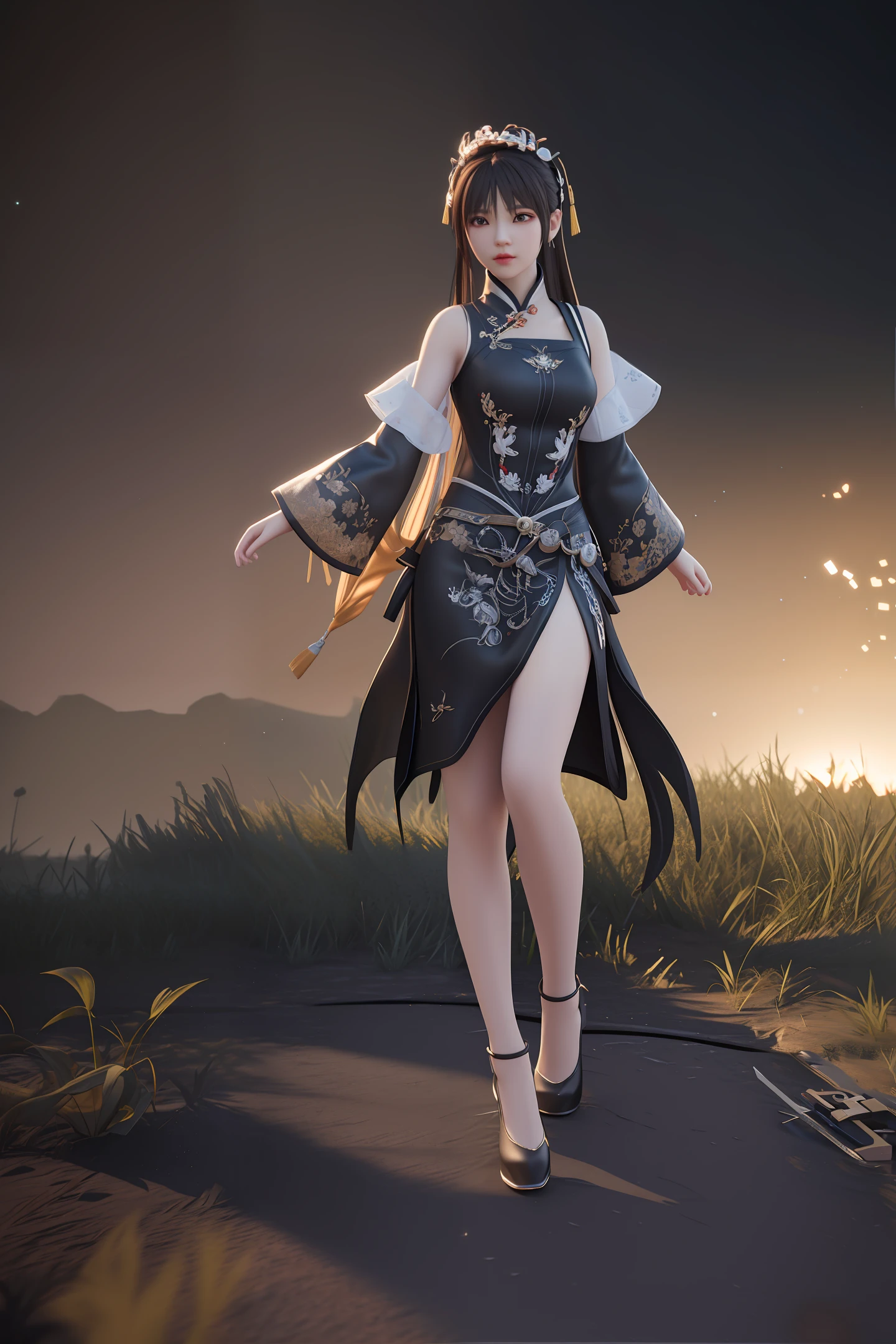 ((Best quality)), ((masterpiece)), (detailed:1.4), 3D, A beautiful image of a Chinese girl，full-body shot，haibian，Backlighting，Thick hair，Light particles，Pure energy chaos anti-technology，HDR（high dynamic range），ray traced,NVIDIA RTX,Super-Resolution,Unreal 5,Subsurface scattering,PBR Texturing,Post-processing,Anisotropic Filtering,Depth-of-field,Maximum clarity and sharpness,Multi-layered textures,Albedo and Specular maps,Surface shading,Accurately simulate light-Material interaction,Perfect Scale,Octane Render,two-tone lighting,large aperture,Low ISO,white balance,Rule of Thirds,8K RAW