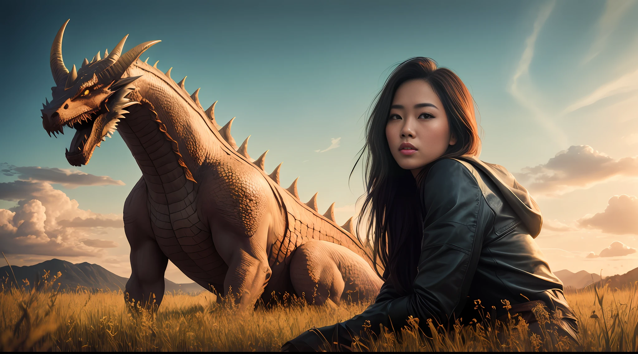 beautiful thai woman with blond hair, on a meadow, wearing armor, big dragon, photorealistic, photo, masterpiece, realistic, realism, photorealism, high contrast, photorealistic digital art trending on Artstation 8k HD realistic high definition detailed, detailed, skin texture, hyper detailed, realistic skin texture, best quality, ultra high resolution, (photorealistic: 1.4),, high resolution, detailed, raw photo, sharp re, by Lee Jeffries Nikon D850 film Stock Photography 4 Kodak Portra 400 camera F1.6 lens rich colors hyper realistic texture dramatic lighting Unrealengine trend in ArtStation Cinestill 800,