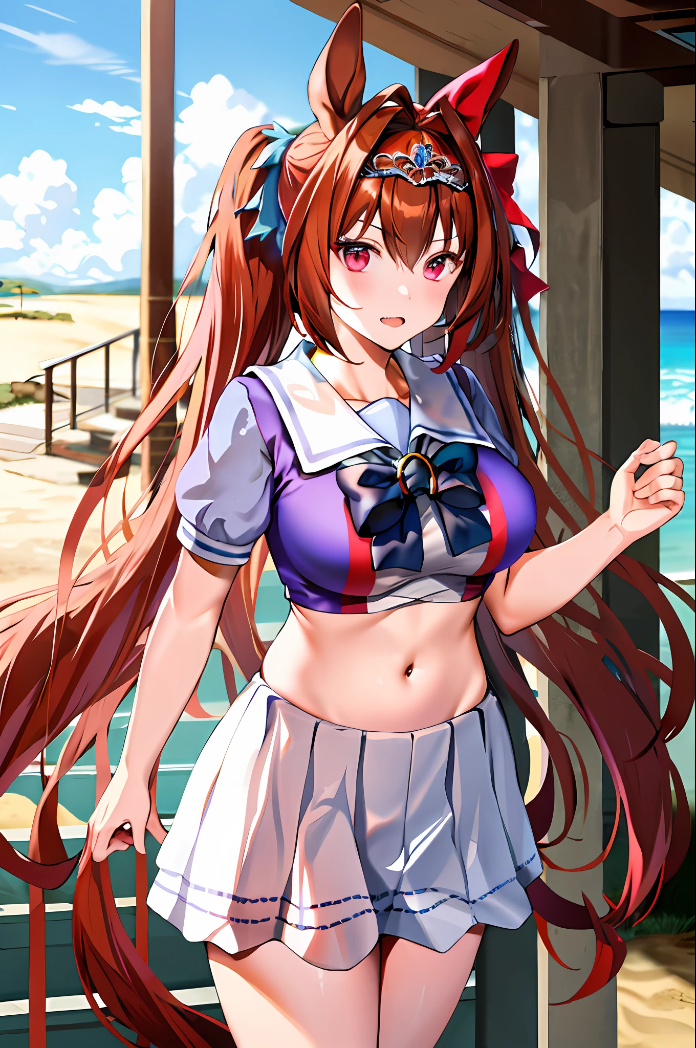 MASTERPIECE, beste Quality, Hi-Res, 1girl, Marl, solo, Large and crimson, Red bikini, white thighshigh, Twin tail,  horse tail, Very Long Hair, brownd hair, bows, sailor color, bow Tie, Purple shirt, hair intakes, tiaras, tusk, Red Eyes, big Chest, bangs, beach, standing a,