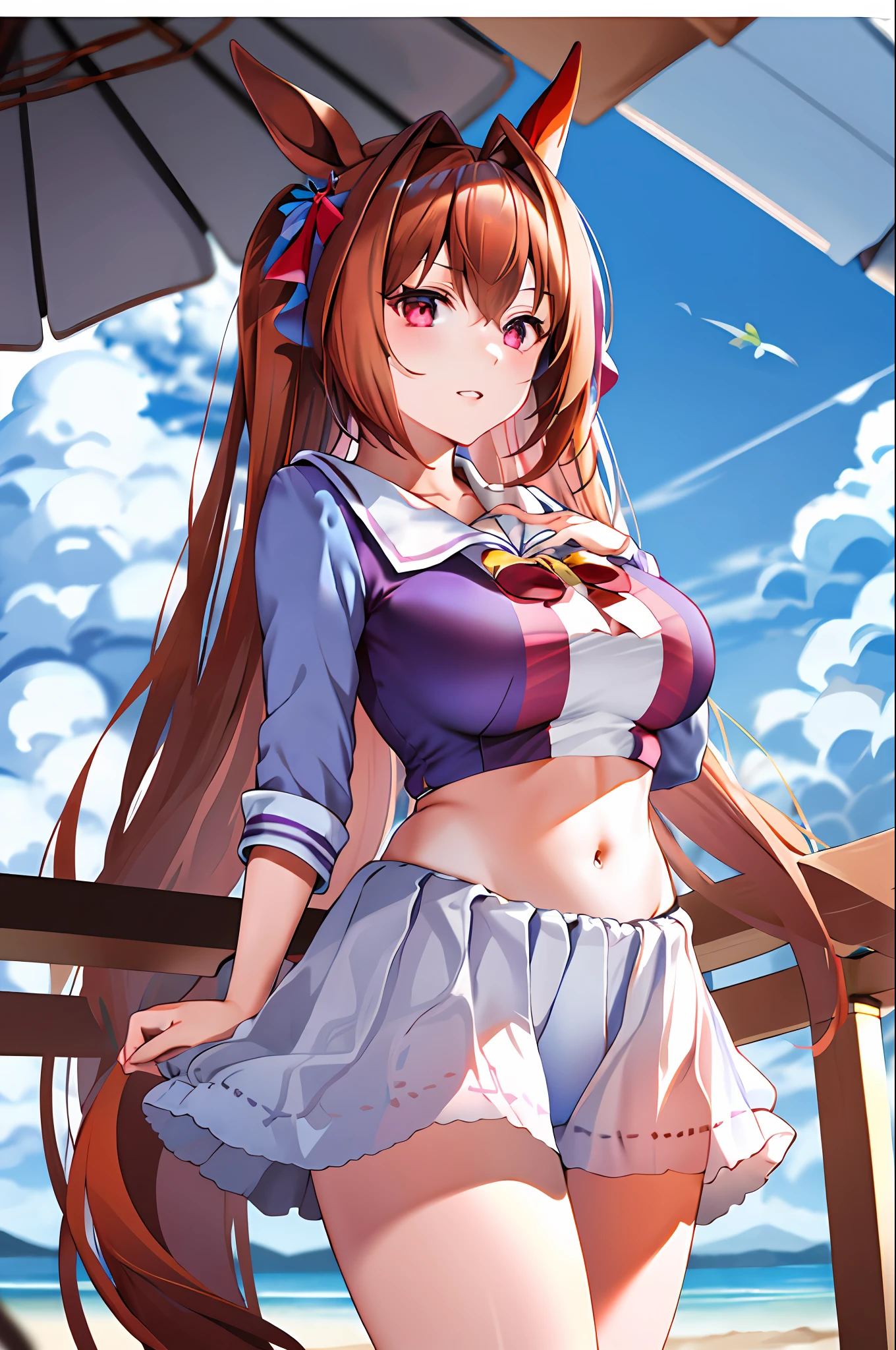 MASTERPIECE, beste Quality, Hi-Res, 1girl, Marl, solo, Large and crimson, Red bikini, white thighshigh, Twin tail,  horse tail, Very Long Hair, brownd hair, bows, sailor color, bow Tie, Purple shirt, hair intakes, tiaras, tusk, Red Eyes, big Chest, bangs, beach, standing a,