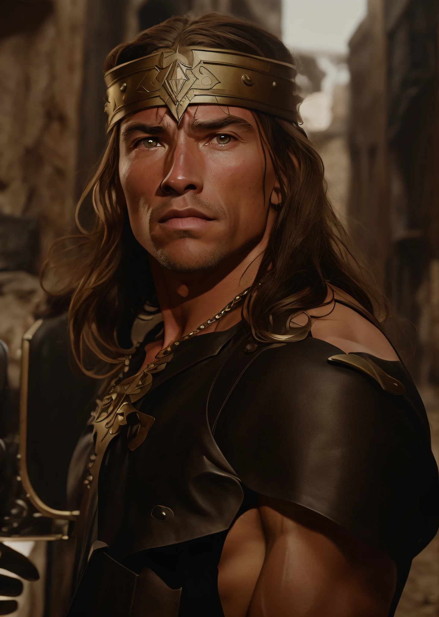 ultra-realistic, cinematic portrait of a young Arnold Schwarzenegger, photo-realistic digital art format depicting a close-up of a scene from the movie Conan the Barbarian - an amazing artwork by the talented Greg Rutkowski rendered in stunning UHD 8k quality.