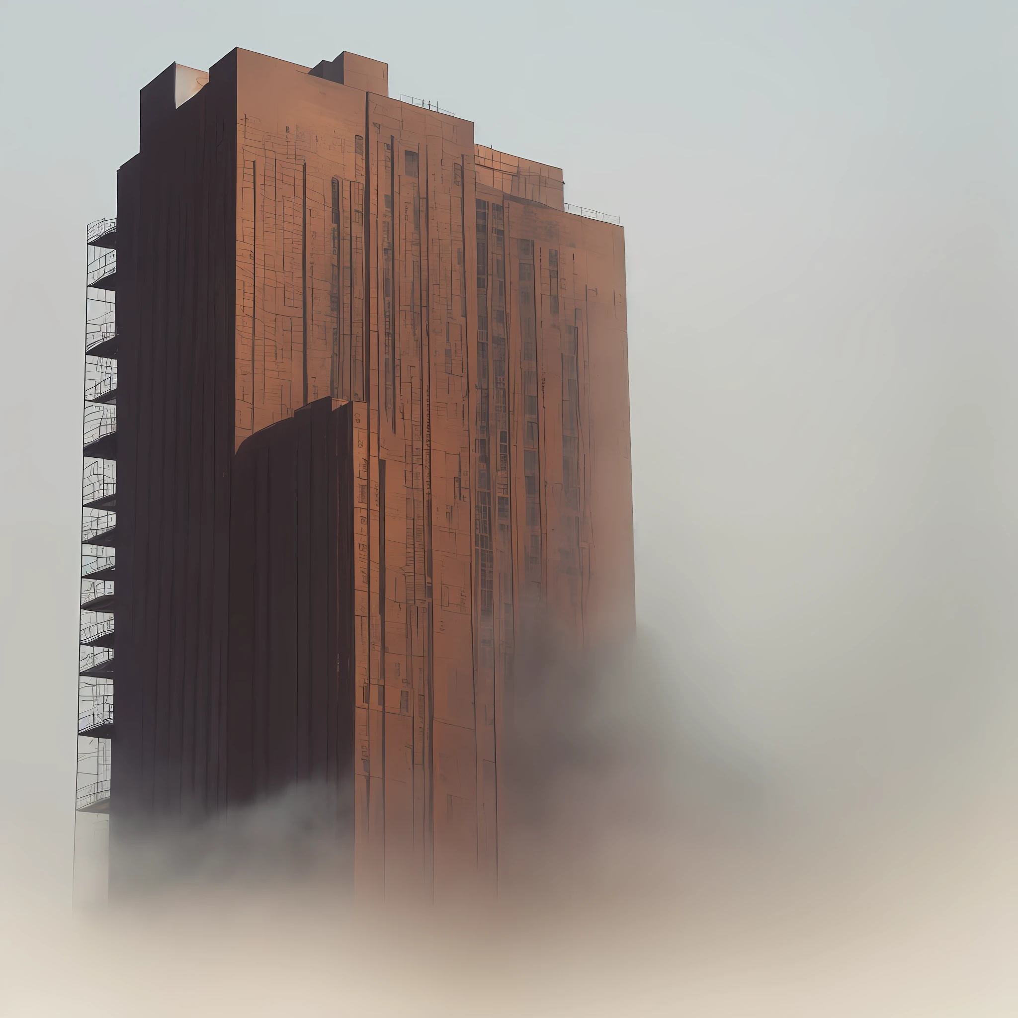 "Smoke rises from the industrial sci-fi style building，A hazy mist filled it。，Presents ambiguity and nothingness。"