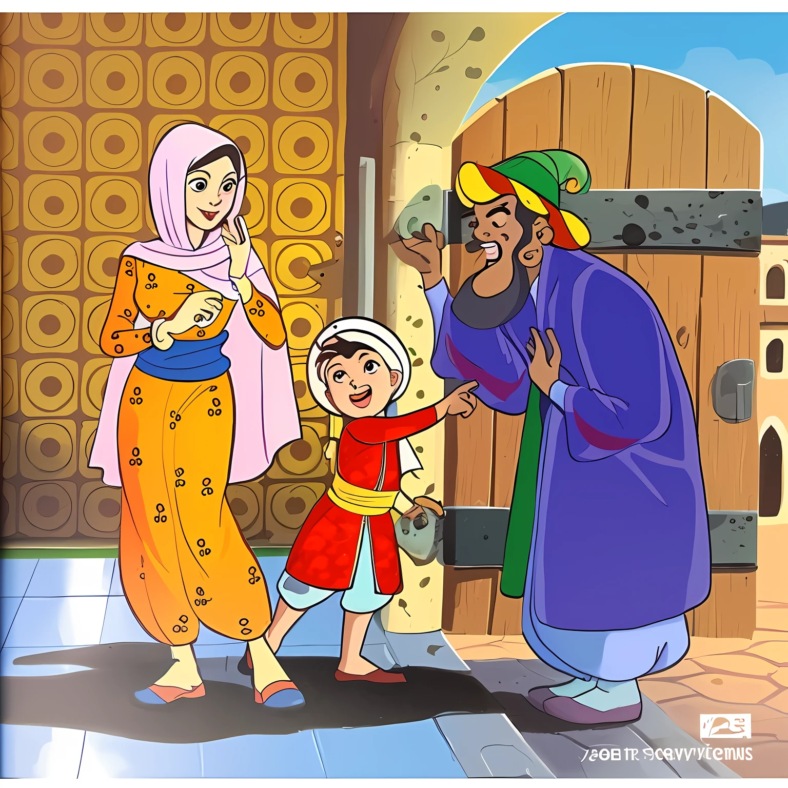 cartoon of a man and woman and a child in a doorway, persian folktale art style, production animation cel, persian folktale art style, children,,'s cartoon, animation cel, animated scene, anime cels, cartoon painting, 1001 nights, disney cartoon, 《Raya and the Last Dragon》etc, in style of disney animation, childrens illustrated storybook