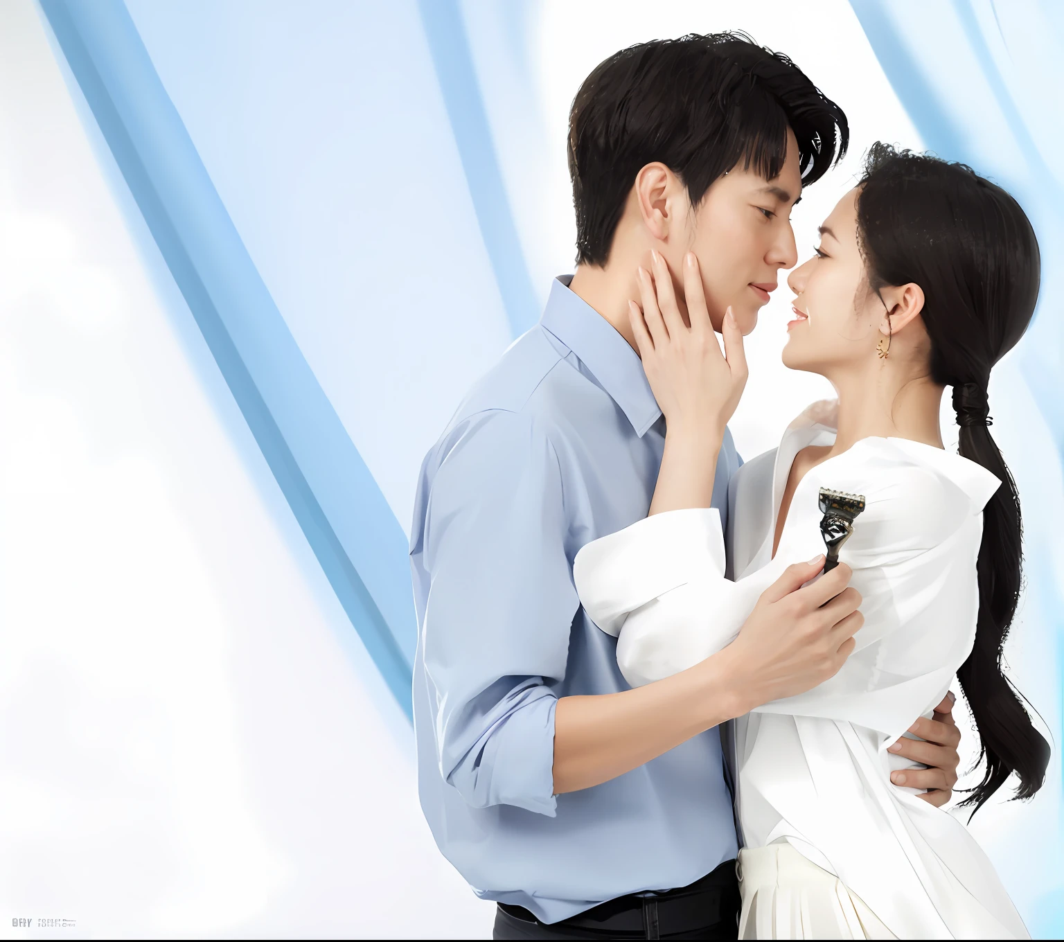 they are kissing each other in front of a blue wall, ruan jia、Zhong Fenghua, romantic lead, kissing together cutely, Photoshoot, backgroundBig breasts, Her-min, jia, promo image, sha xi, smooth in _ backgroundBig breasts, couple pose, advertising photo, roberto ferri and ruan jia, promotional image, zezhou chen