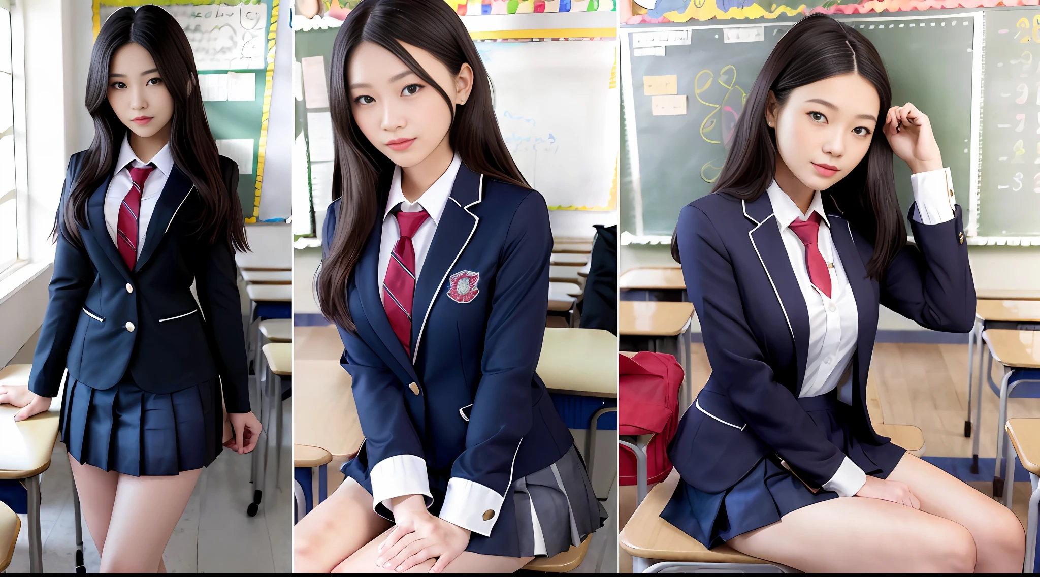 (school_uniform:1.5), (blazer:1.5), (blouse), (pleated_skirt:1.5), cowboy shot, from below, evil_smile,(looking at viewer), smile, black hair, dark eyes, pretty girl, Japanese girl, 1 woman, ((sexy woman)), ((beautiful woman)), (solo:1.5), beautiful princess, skindentation, dynamic pose, sexy pose, (20 years old), professional lighting, masterpiece, ultla highres, 16k, hyper detailed, intricate detailed, amazing shading, high contrast, realistic, photo realistic, perfect anatomy, correct anatomy, perfect proportion, perfect face, perfect hands, perfect legs, perfect fingers, perfect hands, large breasts, shiny skin, oiled skin, gleaming skin, narrow waist, thin thighs, thin arms, faint lips, thin waist, high school, classroom,