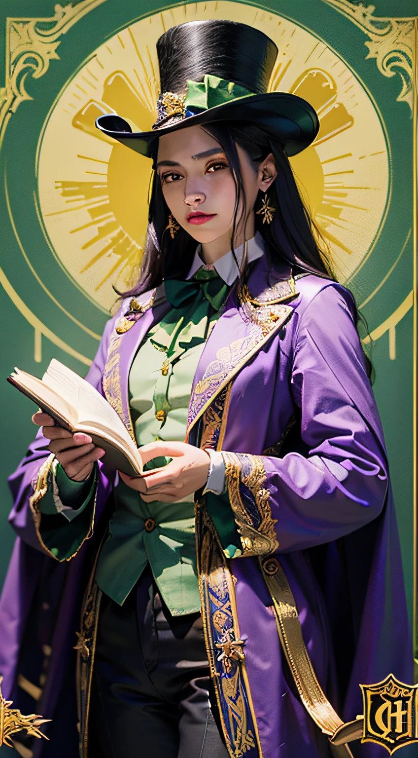 The logo is shaped like a wizard with a shimmering green top hat. The top hat is a vibrant green and has a touch of yellow gold-ouro para adicionar um elemento de luxo. The wizard also wears a shimmering green shirt that glows softly. Sobre a camisa, He's dressed in a dazzling cape, ricamente detalhada, com fios de ouro e tons de violeta aveludado. The cover adds a touch of mystery and elegance to the logo. The magician holds a book in his hand, representando conhecimento e sabedoria.
The logo is stylized in a super way-realista, with meticulous detail and a crisp, vivid appearance. A resolução é em full HD 48k, garantindo qualidade e clareza excepcionais. The background is a velvety purple violet, proporcionando um contraste sofisticado e destacando o mago e todos os detalhes do logotipo.