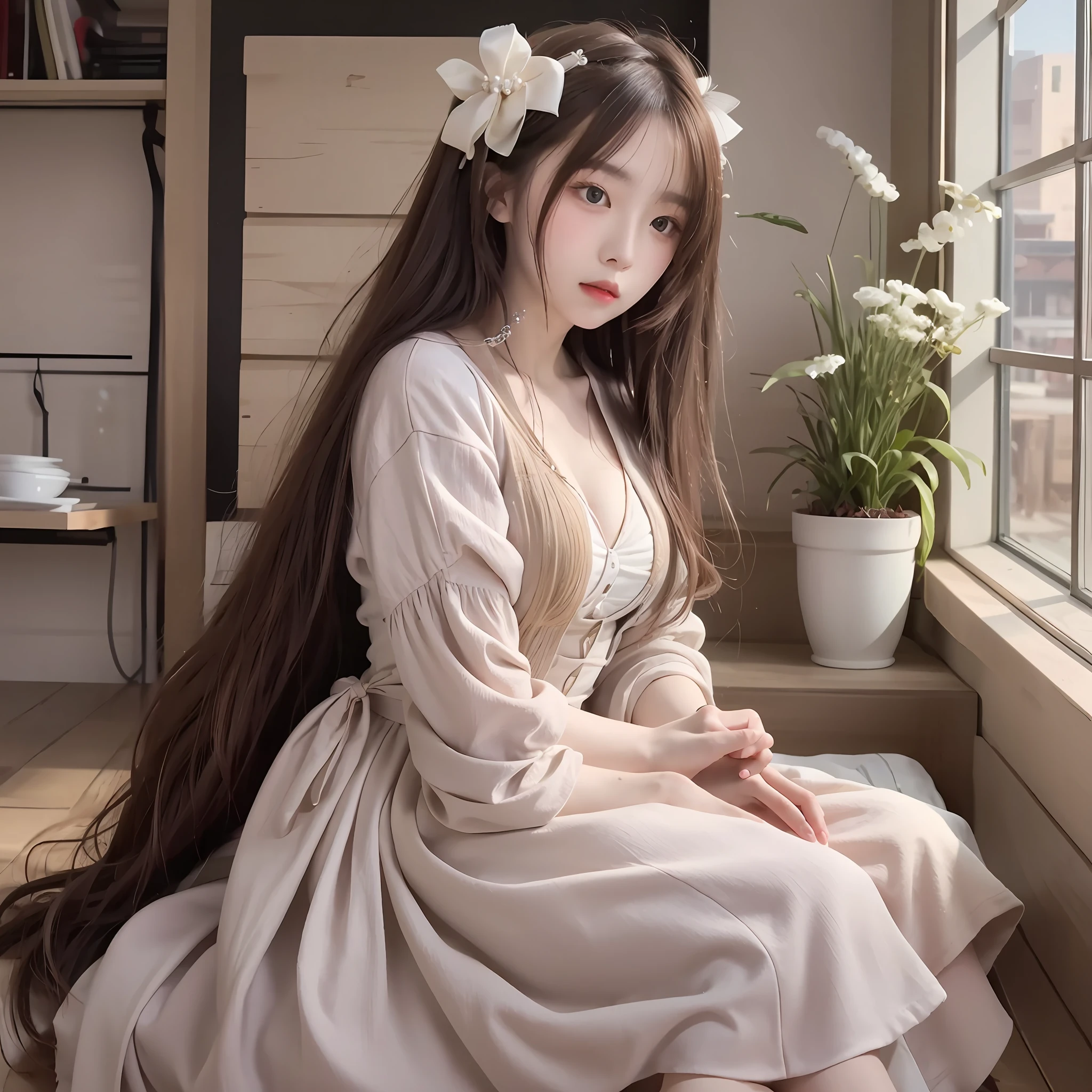 8k, RAW photo, best quality, masterpiece:1.2), yjnn, a girl, 3d, ultra-detailed,asian, bangs, bow, chest, brown_eyes, brown_hair, lips, long_hair, long_sleeves, looking_at_viewer,master masterpiece, The Highest Quality, 1女の子, solo, Voxel art,
nuclear power plant、Caucasian girl、
Ivory hair、Mauve eyes、disturbance、Precise iris depiction,looking at the viewer with a calm and goddess-like happiness, ,Super beautiful background drawn by WLOP,
,Super beautiful background drawn by WLOP,


ridiculously long hair、low twin tails、
Cake Dress、Trim Dresses、
ribbons、Plant Hair Ornament、pearls、Arm cuffs、
classical, middle ages, noble