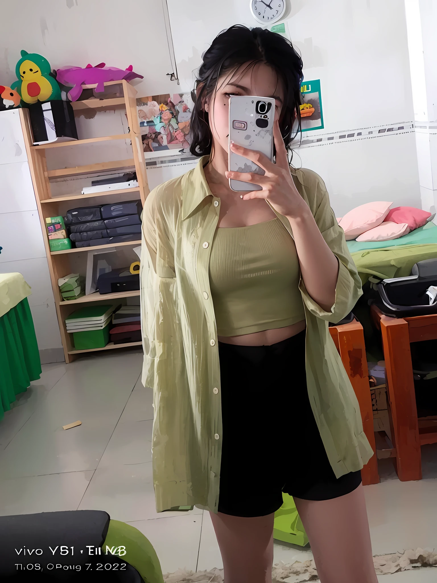 (hyperrealistic), (illustration), (high resolution), (8K), (extremely detailed), (best illustration), (beautiful detailed eyes), (best quality), (ultra-detailed), (masterpiece), (wallpaper), (detailed face), solo 1 girl, white wavy hair, korean, heterochromic eyes, small moles under the eyes, loose white shirt, yoga pants, big breasts, long legs, tight abs, camel toes, dynamic pose