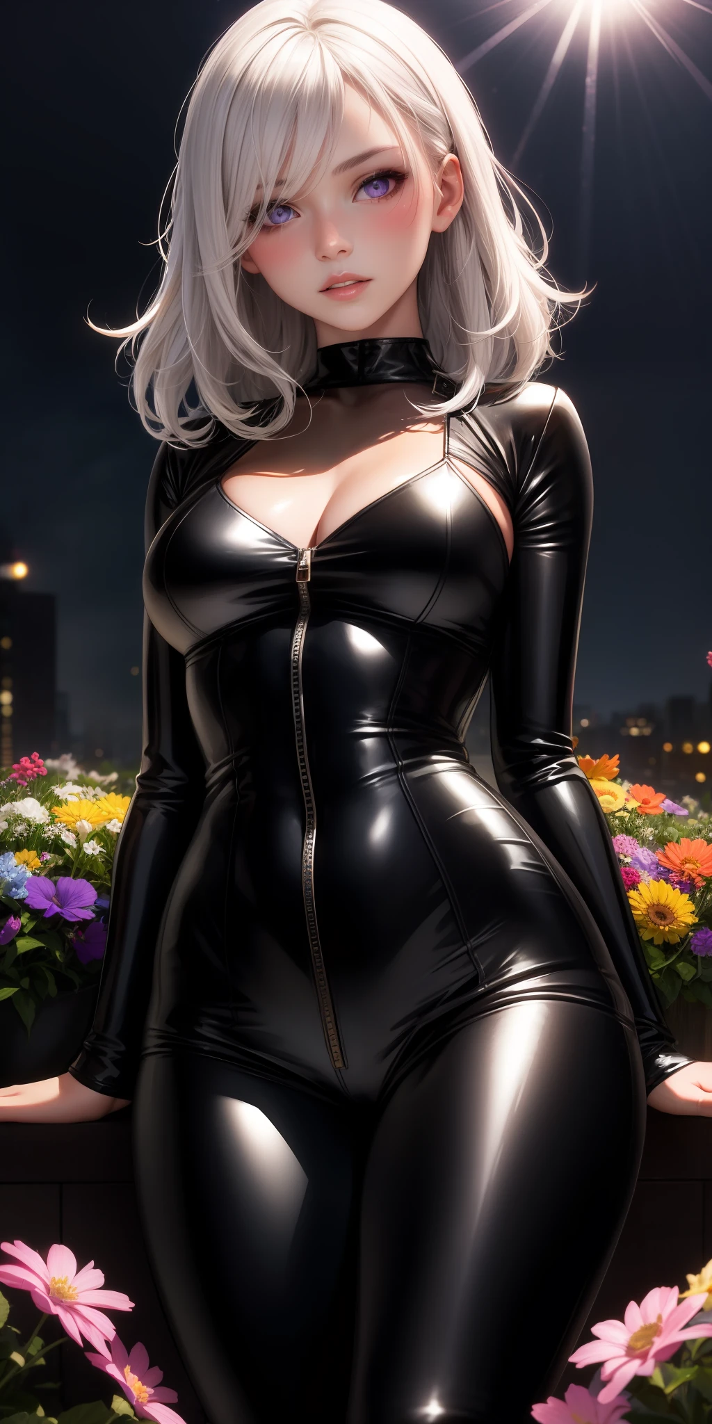 PhotoRealistic，1girl，White hair，Purple eye，Luminous Eyes，tight leather clothes，Parted lips，blushed，night，flowers，The sun，sunrays，