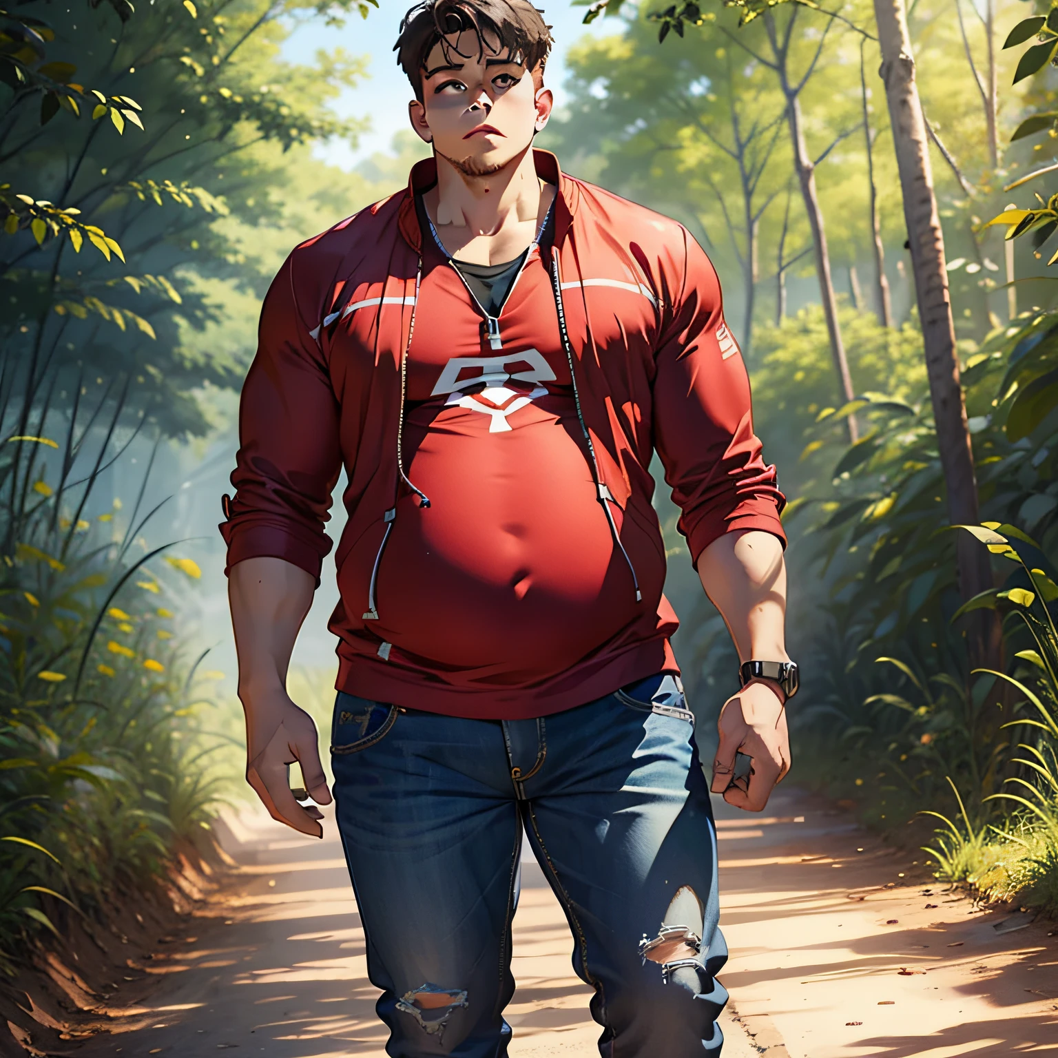 a boy，Big belly，，slim，Red clothes，Big back，The teenager，On a dirt road