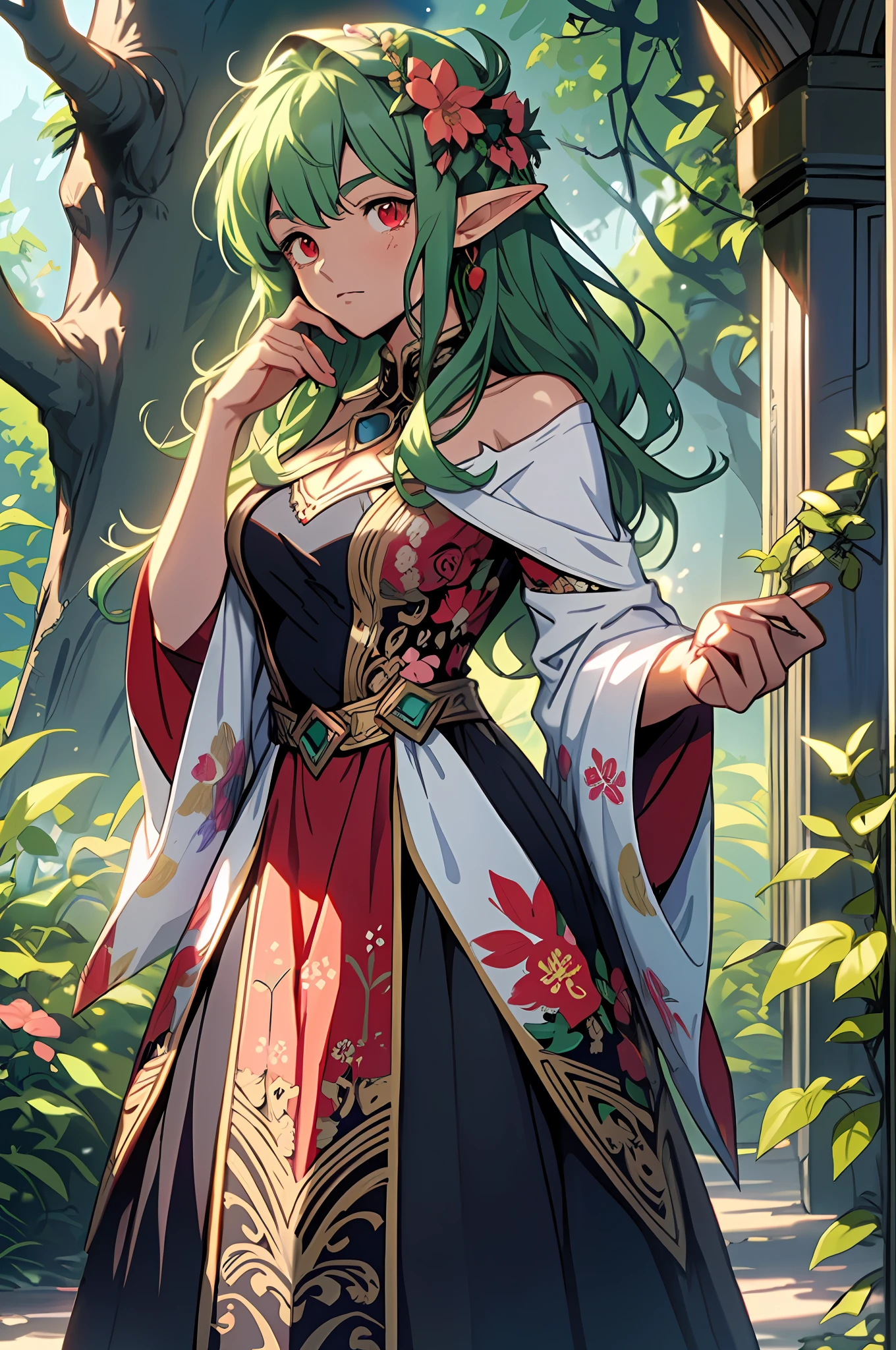 80s anime, 1 elf, green hair, fluffy hair, nature, elegant dress with leaves and flowers in its design,blood red eyes, clothing in pastel colors, the world is cute and fairy-tale like, intricate, super detailed, majestic background, adventurous