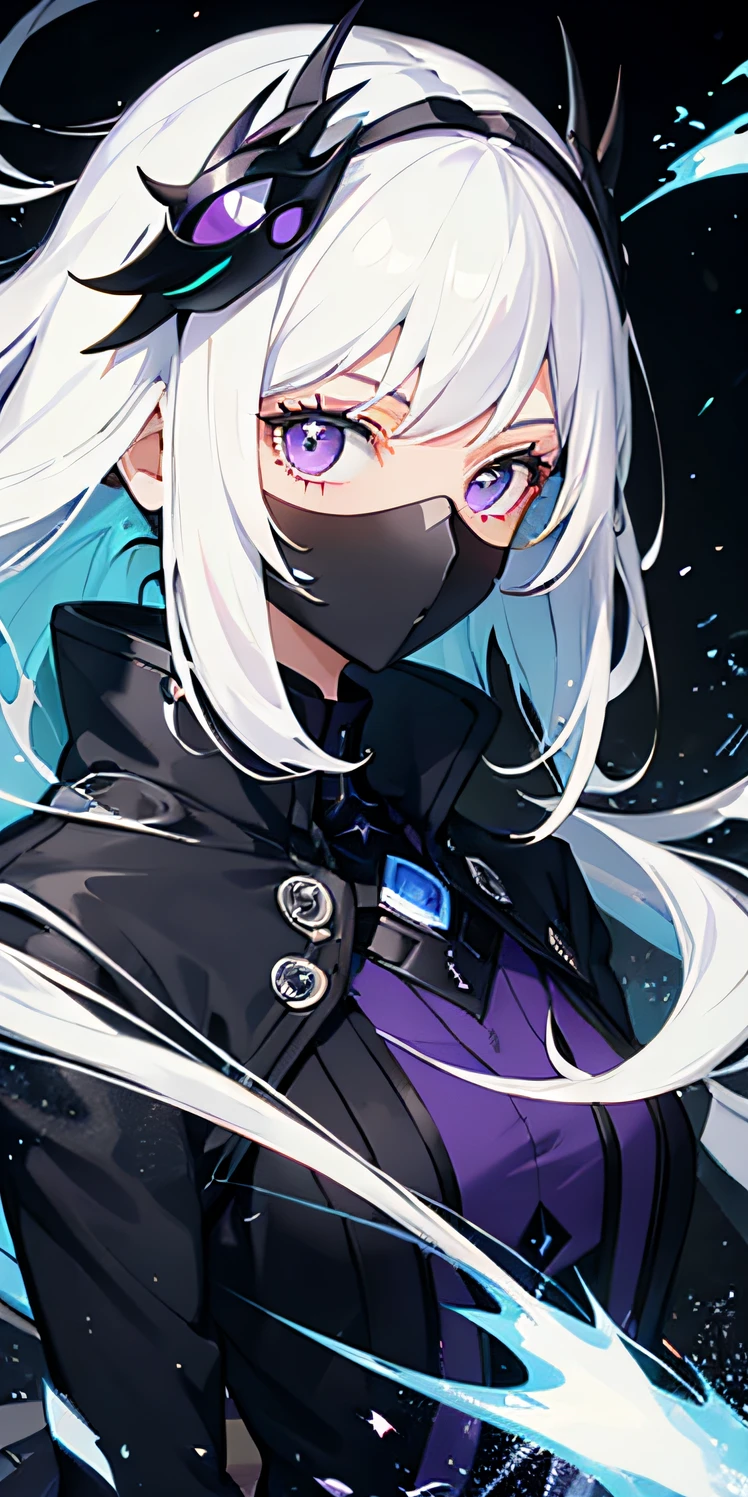 1girl, white hair, multicolored hair, purple eyes, mask on head, sidelighting, light particles, wallpaper,