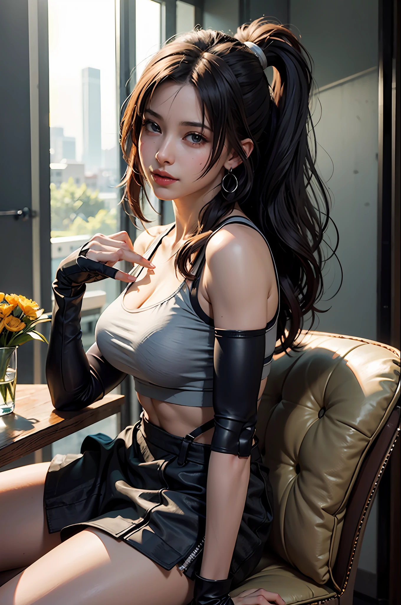 (8K, Top Quality, Masterpiece: 1.2), (Realistic, Photorealistic: 1.37), Ultra HD, Final Fantasy VII Remake&#39;s Tifa Lockhart sitting on a date in a highly detailed café in a cityscape A detailed portrait with beautiful detailed eyes and a blushing nose that makes you look cute and solo. She wears single elbow pads, ankle boots, a black skirt, black thigh-highs, red boots, and elbow gloves, elbow pads, and fingerless gloves. Her outfit includes a sports bra, suspender skirt, thigh highs, and a white tank top. The full body is visible with the head resting on the hand, revealing a pretty face, long hair tied low, and lips. The scene is lit with professional lighting, photon mapping and radiosity, creating a cyberfuturistic atmosphere in the style of Tetsuya Nomura. The background features yellow flowers and a bokeh effect. Tifa smiled a little and closed her mouth.