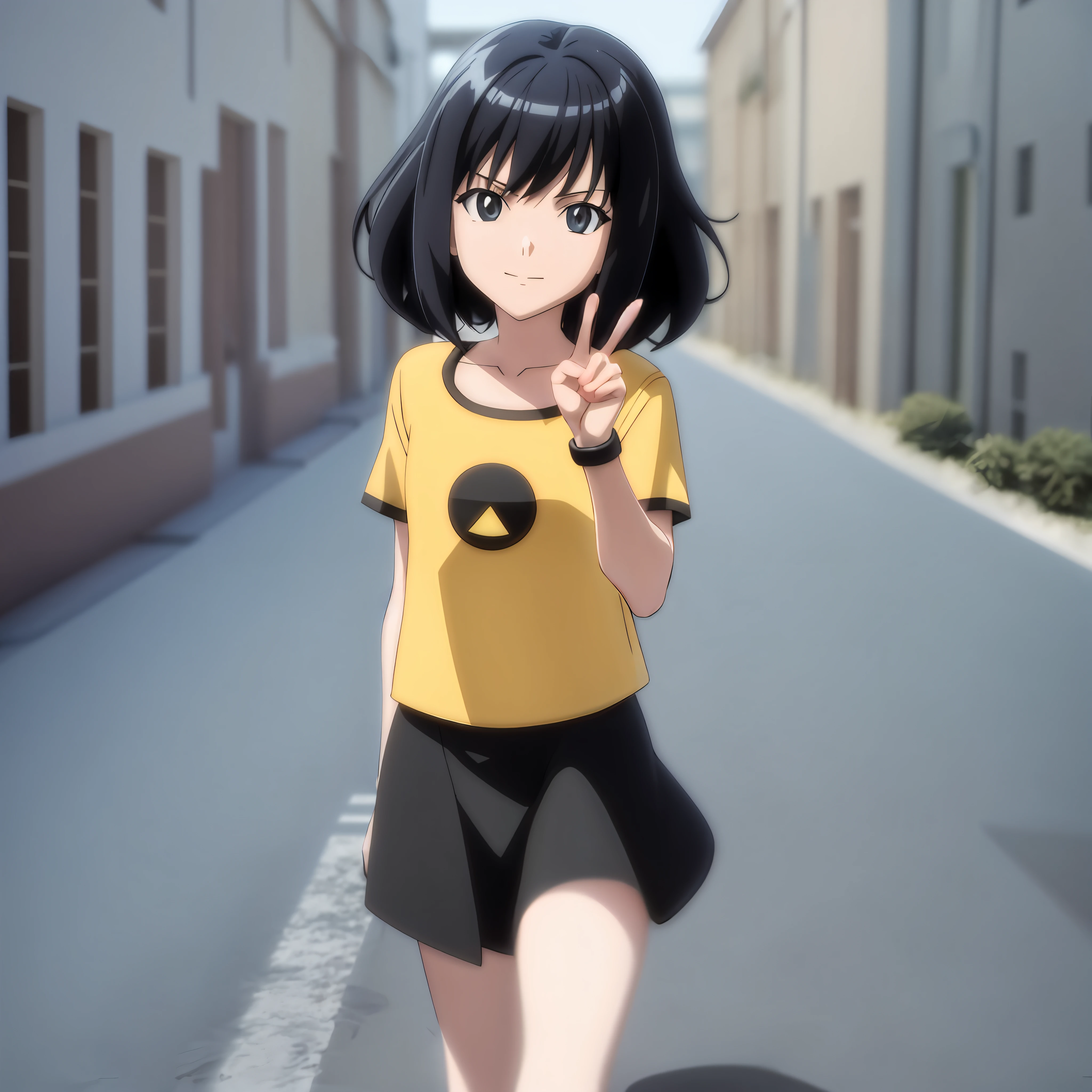 anime girl with black hair , yellow shirt plain,black skirt , making peace sign, anime style. 8k, realistic anime 3 d style, lofi girl, flat anime style, in anime style, in an anime style, lofi artstyle, stylized anime, anime styled 3d, style in ghibli anime style, anime artstyle, high quality anime artstyle