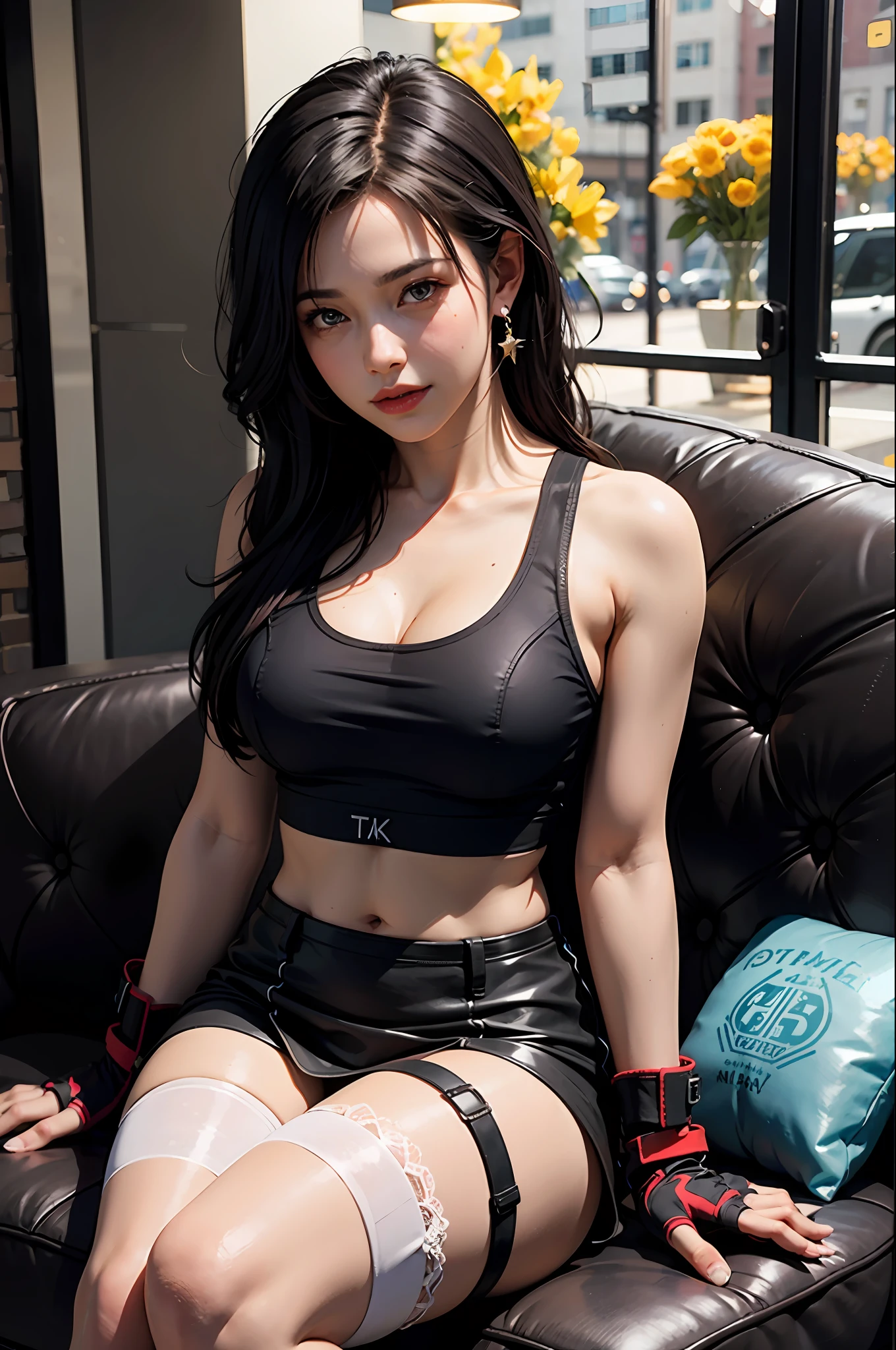 (8K, Top Quality, Masterpiece: 1.2), (Realistic, Photorealistic: 1.37), Ultra HD, Final Fantasy VII Remake's Tifa Lockhart sitting on a date in a highly detailed café in a cityscape A detailed portrait with beautiful detailed eyes and a blushing nose that makes you look cute and solo. She wears single elbow pads, ankle boots, a black skirt, black thigh-highs, red boots, and elbow gloves, elbow pads, and fingerless gloves. Her outfit includes a sports bra, suspender skirt, thigh highs, and a white tank top. The full body is visible with the head resting on the hand, revealing a pretty face, long hair tied low, and lips. The scene is lit with professional lighting, photon mapping and radiosity, creating a cyberfuturistic atmosphere in the style of Tetsuya Nomura. The background features yellow flowers and a bokeh effect. Tifa smiled a little and closed her mouth.