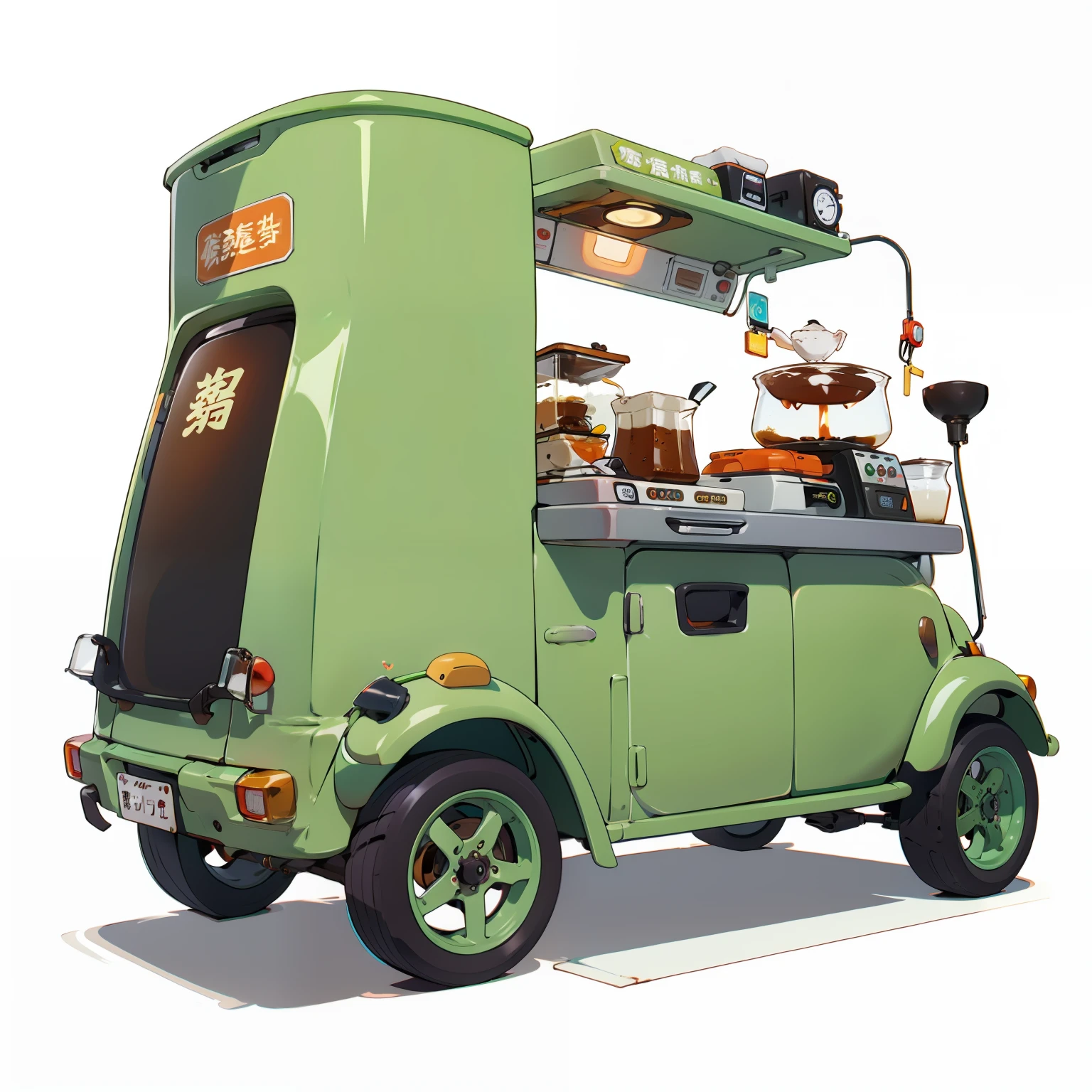 A lovely coffee cart,Inspired by:【Wuling Hongguang minicar】and a【Mini Beetle】,Equipped with a professional large coffee machine,Fancy green high detail,32k超高清,Industrial Design Product Design,WHITE BACKGROUND,White environment,studiolight,ultra Realistic,high detailed details,Lateral face,Side view。