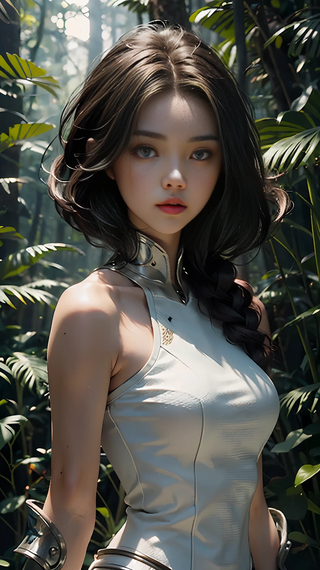 |, Cosmic Horror Atmosphere|, high-res, 1woman, In Forest, Similar To Miranda Kerr, Wearing white cyberpunk police full armor)|, (Tall, Slender &, with pale skin, Dark Brown Hair That Cascades To Her Shoulders, Ultra-Detailed Hazel Eyes, Hourglass Figure )|, 4k, masterpiece, best quality, mix4