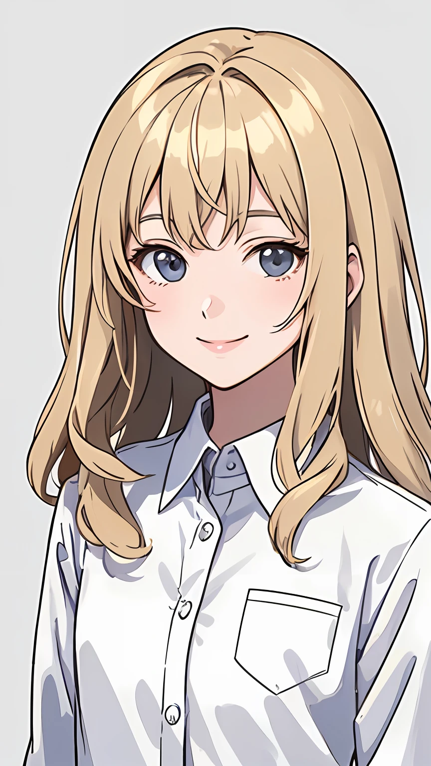 (masterpiece:1.1), (best quality),(illustration), simple anime style, (1woman), (adult), standing, looking at viewer, close up, smiling, closed mouth, (simple background), delicate mature face, white professional shirt, dirty blonde hair, medium length hair, bangs, wavy hair, superflat style, flat colors, gray background, flat lighting