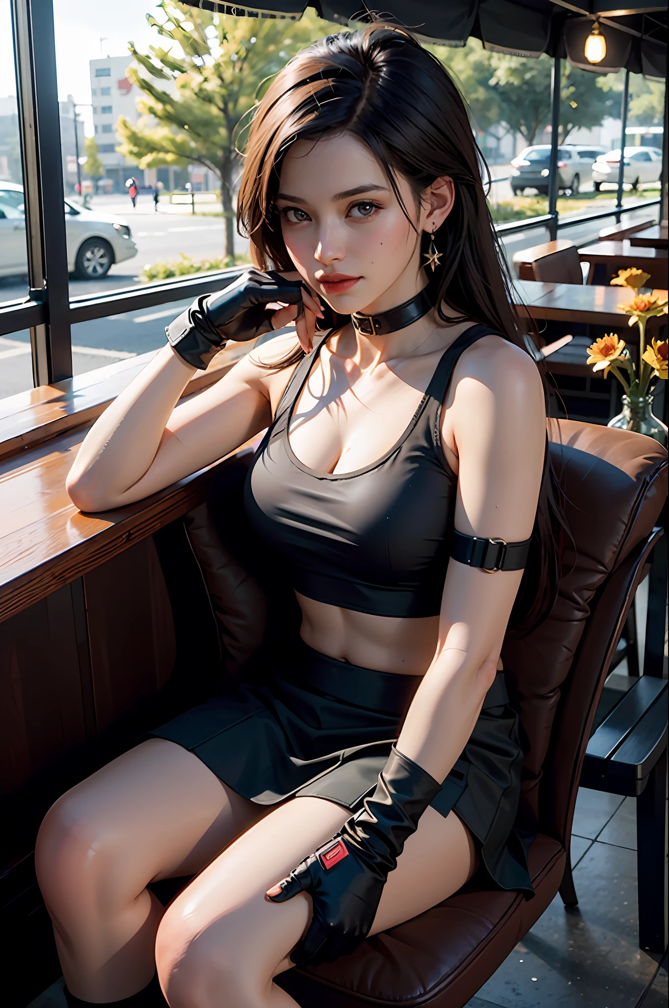 (8K, Top Quality, Masterpiece: 1.2), (Realistic, Photorealistic: 1.37), Ultra HD, Final Fantasy VII Remake&#39;s Tifa Lockhart sitting on a date in a highly detailed café in a cityscape A detailed portrait with beautiful detailed eyes and a blushing nose that makes you look cute and solo. She wears single elbow pads, ankle boots, a black skirt, black thigh-highs, red boots, and elbow gloves, elbow pads, and fingerless gloves. Her outfit includes a sports bra, suspender skirt, thigh highs, and a white tank top. The full body is visible with the head resting on the hand, revealing a pretty face, long hair tied low, and lips. The scene is lit with professional lighting, photon mapping and radiosity, creating a cyberfuturistic atmosphere in the style of Tetsuya Nomura. The background features yellow flowers and a bokeh effect. Tifa smiled a little and closed her mouth.