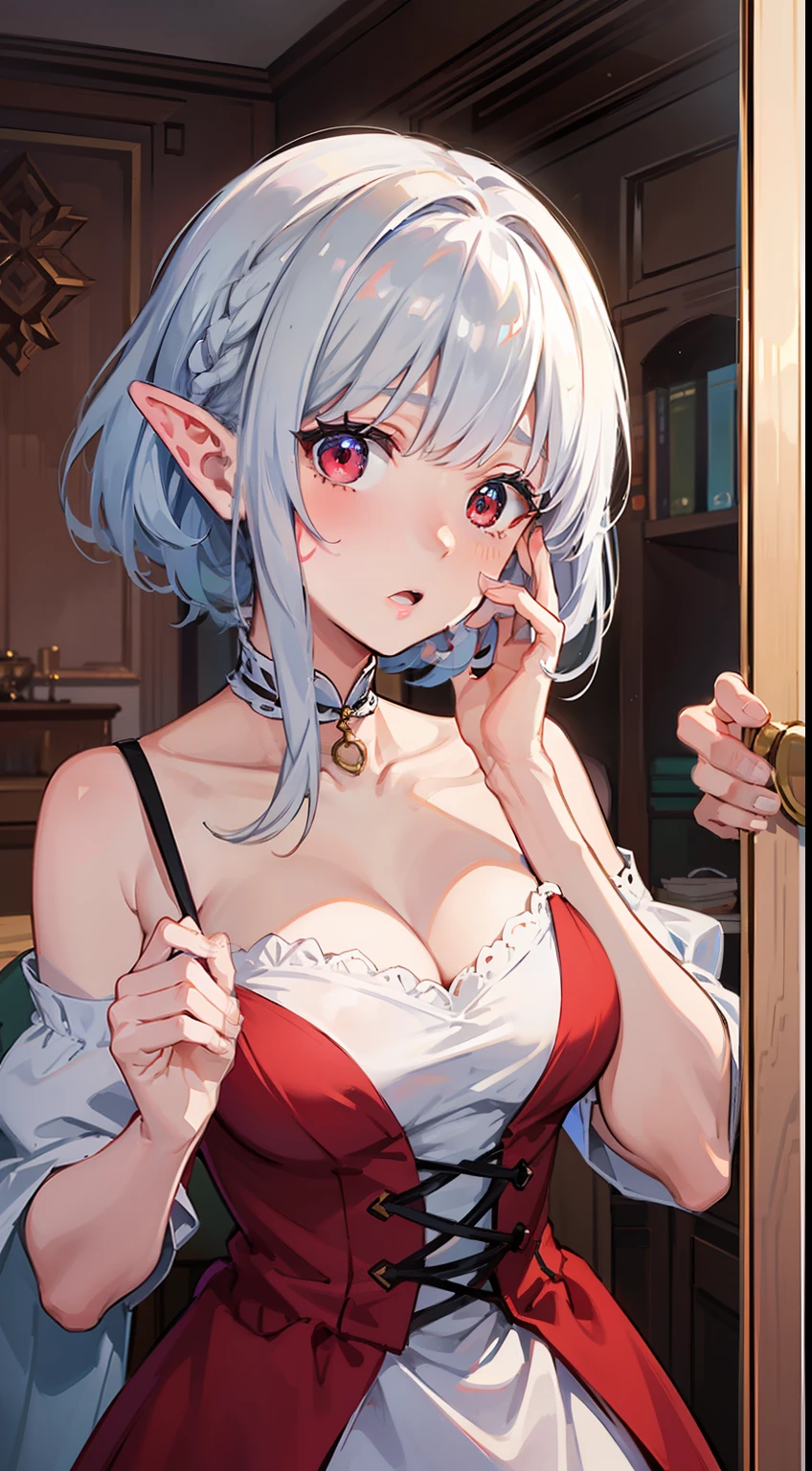 ((Put your hands on your face)), ((Surprised)), (Red Face), 1女の子の接写, elvish, silver hair,, Red eyes, Braided hair, bob cuts, Fantasy style costumes, The dress, Camisole, ruffles, inside room, Mirror, Gender Change, Concept art, beautiful anime scene, beautiful anime scenery, The Highest Quality, master masterpiece, 4K