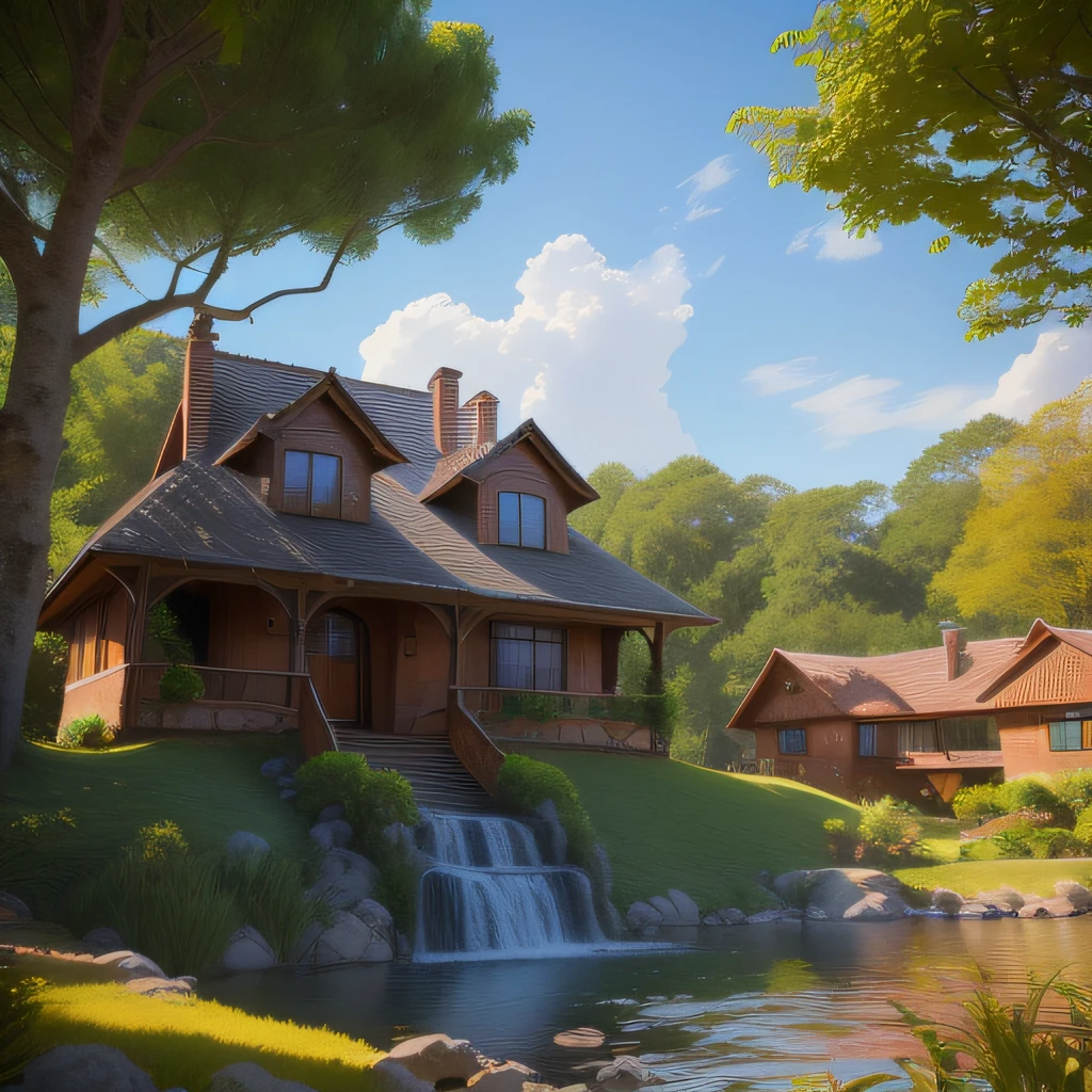 there is a house with a waterfall in front of it, beautiful render of a fairytale, muito alto detalhamento, muito alto detalhamento, idyllic cottage, realistic fantasy render, bela cena detalhada, cena altamente detalhada, beautifully detailed render, Casa de campo na floresta, beautiful render of a landscape, realistic 3 d style, bela casa em um caminho da floresta, stylized 3d render