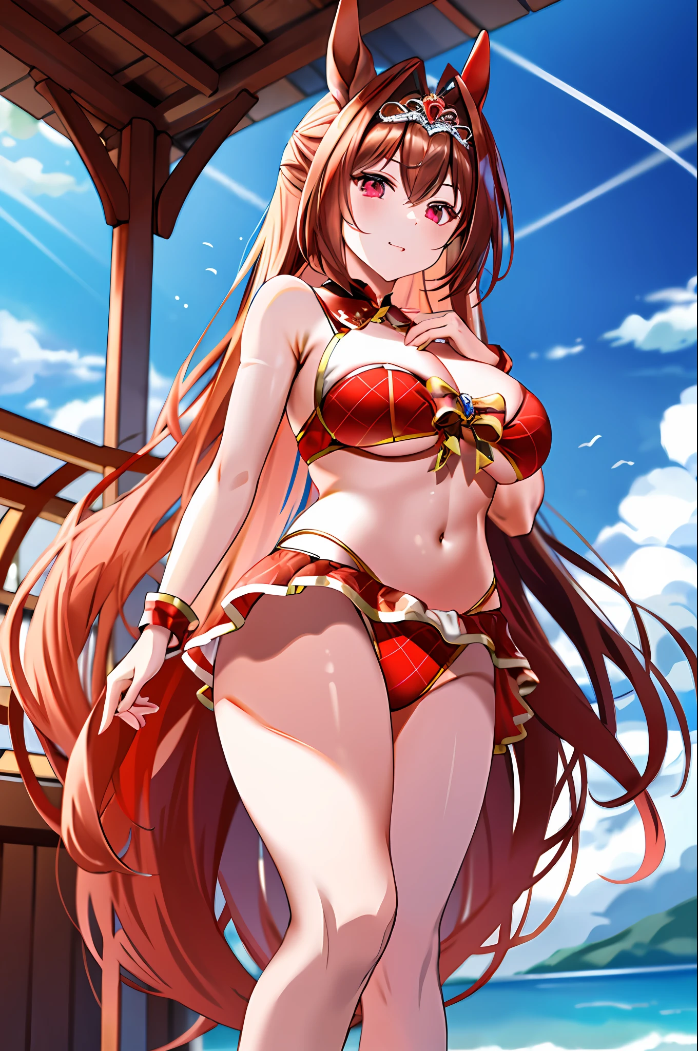 MASTERPIECE, beste Quality, Hi-Res, 1girl, Marl, solo, Large and crimson, ((Red bikini)), white thighshigh, Twin tail,  horse tail, Very Long Hair, brownd hair,  hair intakes, tiaras, tusk, Red Eyes, big Chest, bangs, beach, standing a,