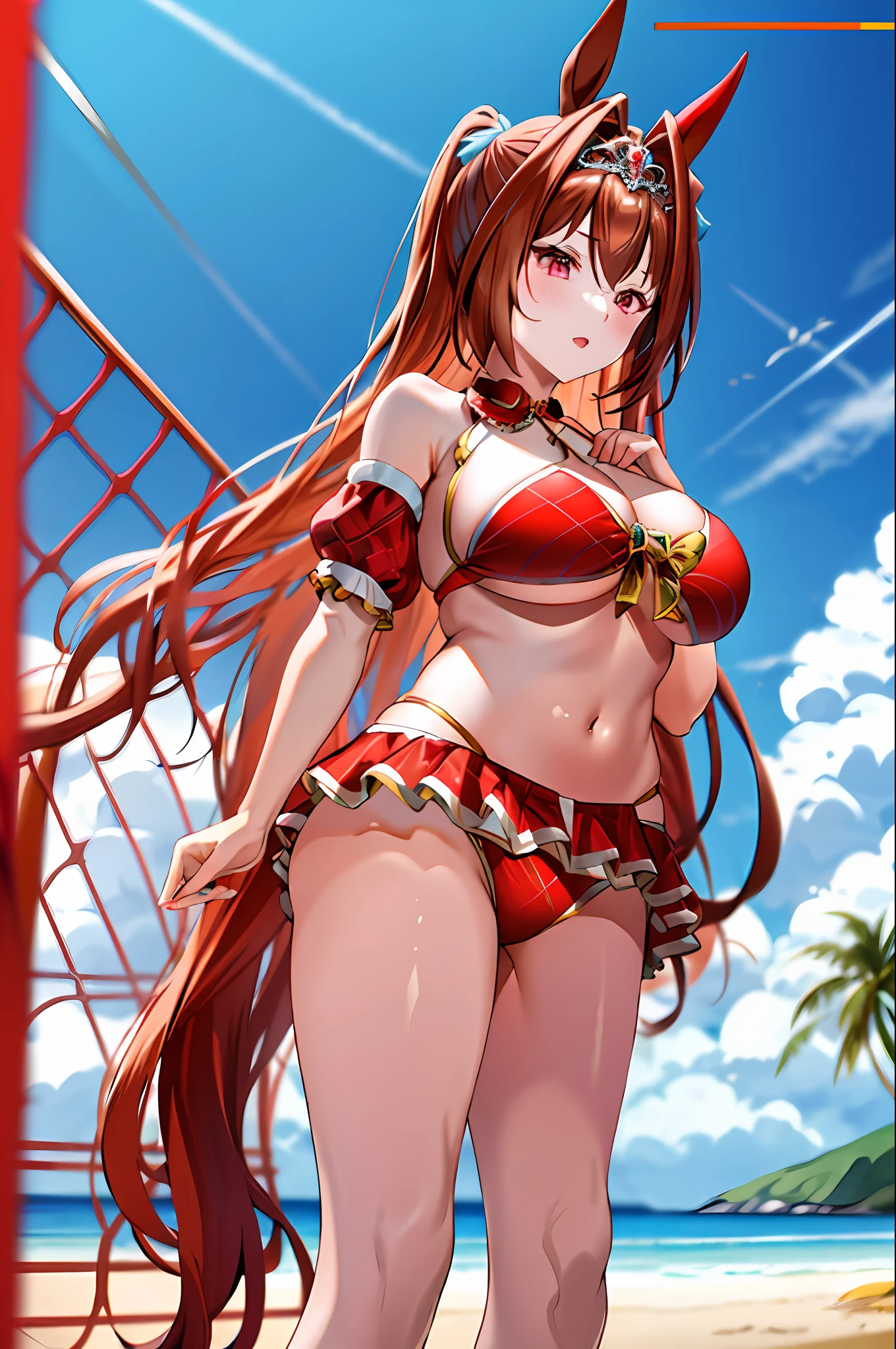 MASTERPIECE, beste Quality, Hi-Res, 1girl, Marl, solo, Large and crimson, ((Red bikini)), white thighshigh, Twin tail,  horse tail, Very Long Hair, brownd hair,  hair intakes, tiaras, tusk, Red Eyes, big Chest, bangs, beach, standing a,