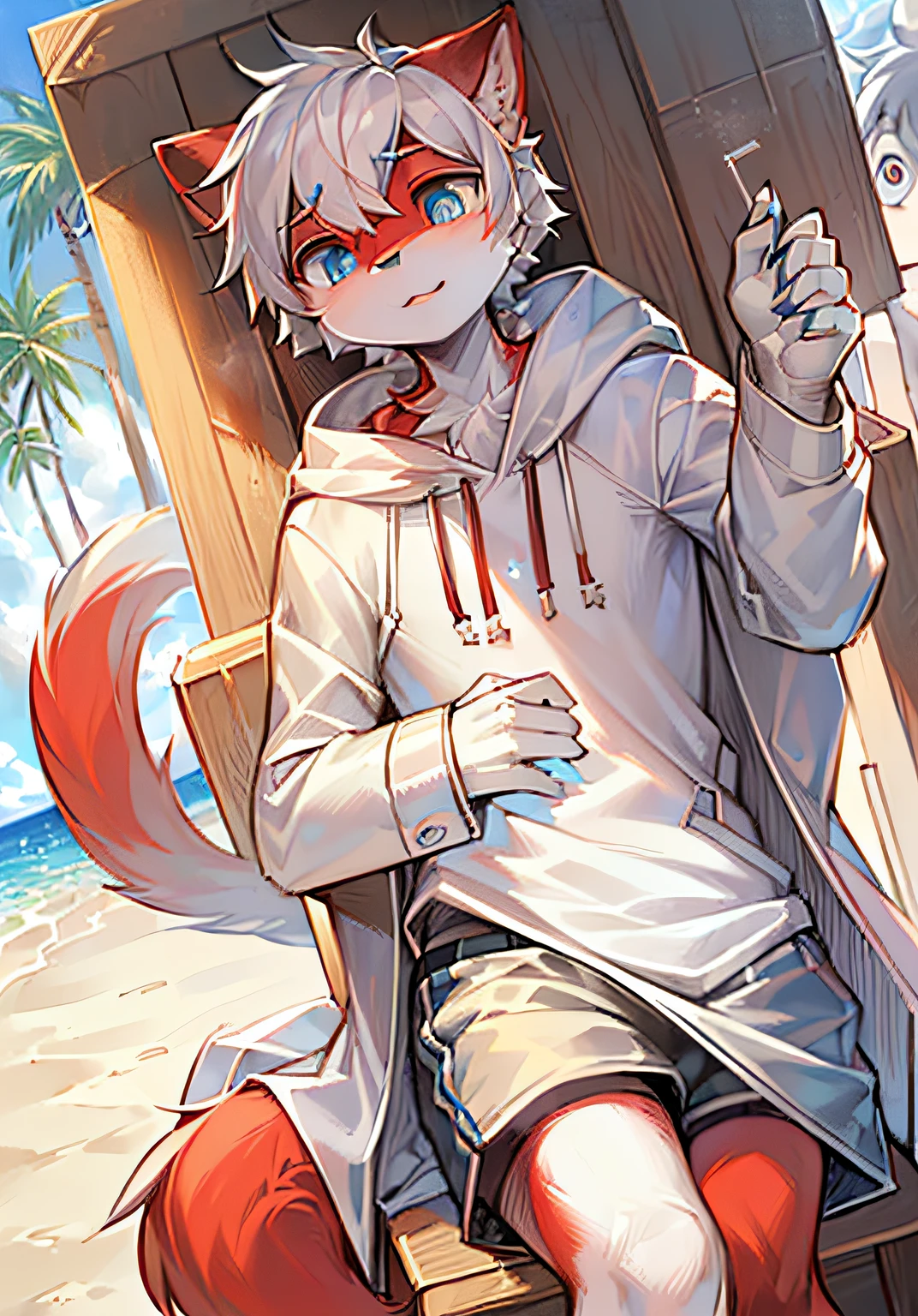 "((Red fur,White hair fluffy coat+Soft texture:1.3),Pair it with over(,Bright big eyes,Childlike and cute,blue eyes),By the beach,Coconut trees next to it,During the Day,boys,White hoodie,Navy shorts,siting in a chair